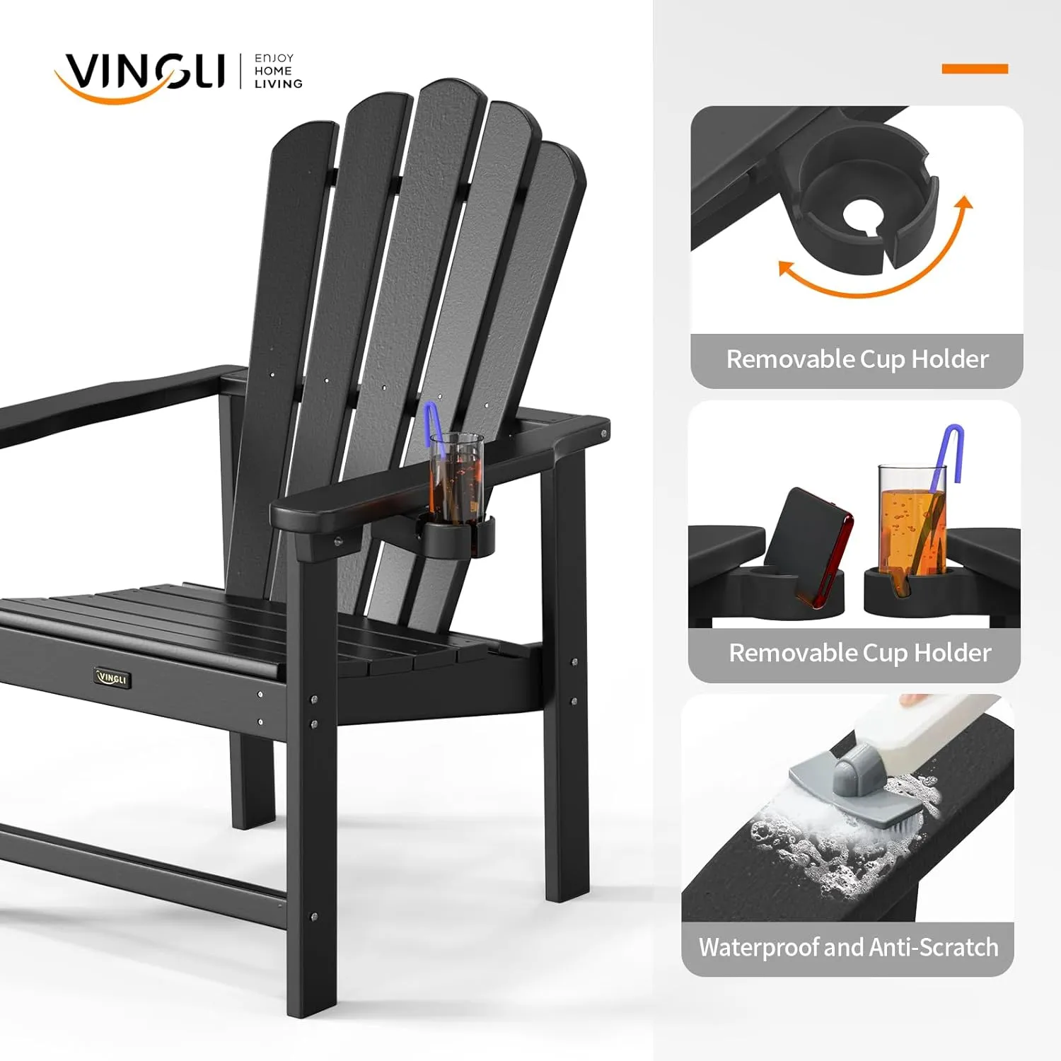 VINGLI Plastic Folding Adirondack Chair with Cup Holder, 100% Recyclable HDPE Material, Comfortable 380lb Weight Capacity for Outdoor Pool Patio Lounge Chair Lawn Furniture Fire Pit, 2 Pack, Black