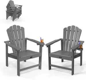 VINGLI Plastic Folding Adirondack Chair with Cup Holder, 100% Recyclable HDPE Material, Comfortable 380lb Weight Capacity for Outdoor Pool Patio Lounge Chair Lawn Furniture Fire Pit, 2 Pack,Gray