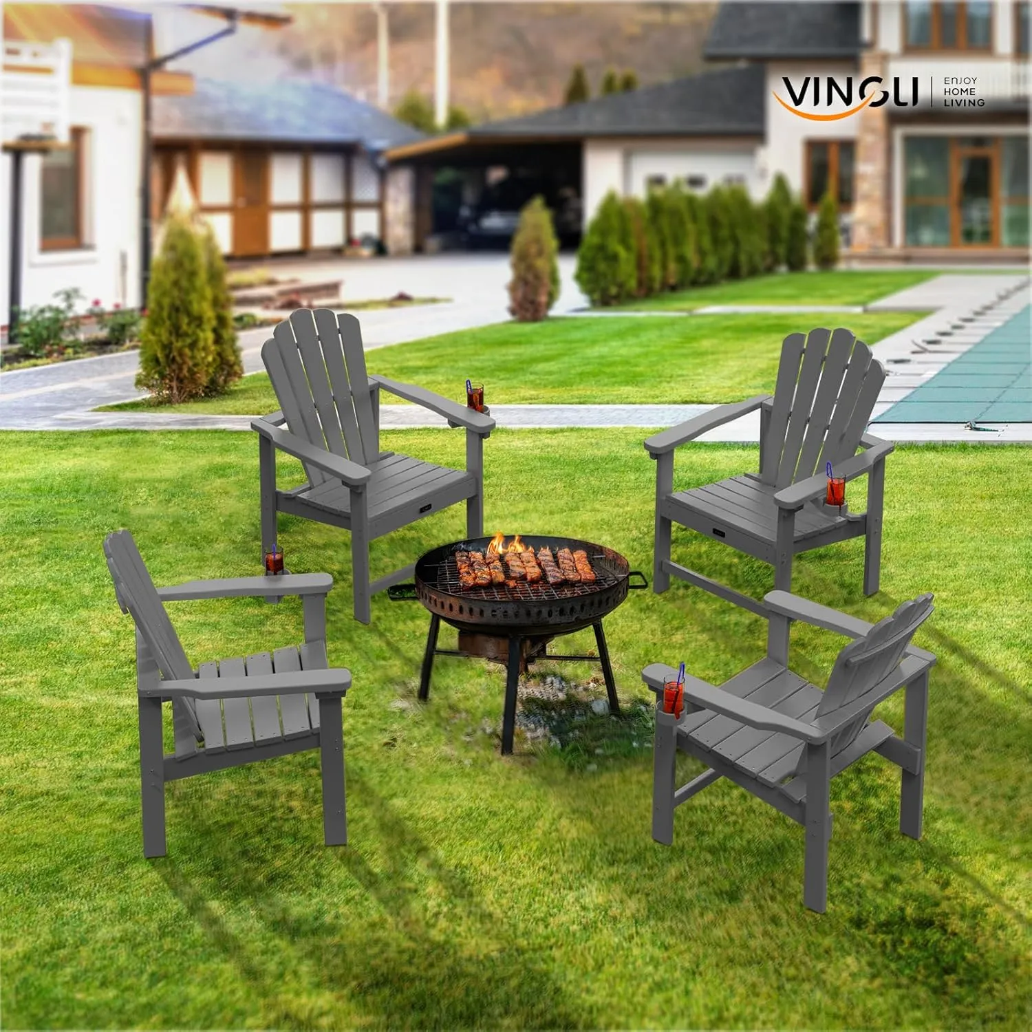 VINGLI Plastic Folding Adirondack Chair with Cup Holder, 100% Recyclable HDPE Material, Comfortable 380lb Weight Capacity for Outdoor Pool Patio Lounge Chair Lawn Furniture Fire Pit, 2 Pack,Gray