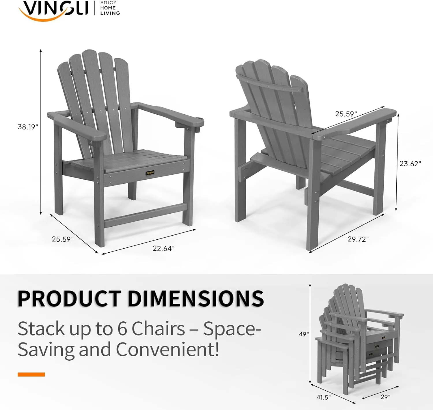 VINGLI Plastic Folding Adirondack Chair with Cup Holder, 100% Recyclable HDPE Material, Comfortable 380lb Weight Capacity for Outdoor Pool Patio Lounge Chair Lawn Furniture Fire Pit, 2 Pack,Gray