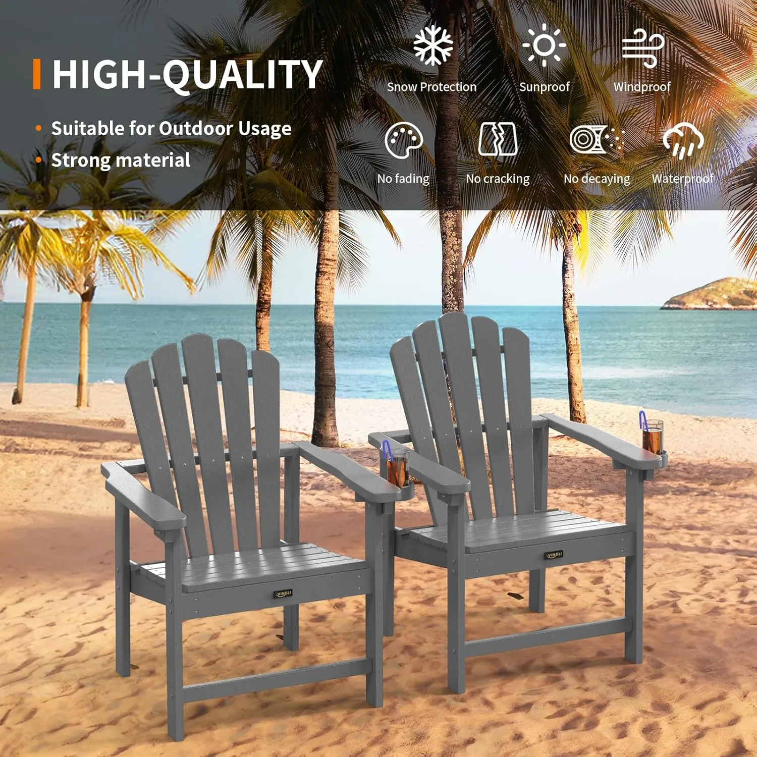 VINGLI Plastic Folding Adirondack Chair with Cup Holder, 100% Recyclable HDPE Material, Comfortable 380lb Weight Capacity for Outdoor Pool Patio Lounge Chair Lawn Furniture Fire Pit, 2 Pack,Gray