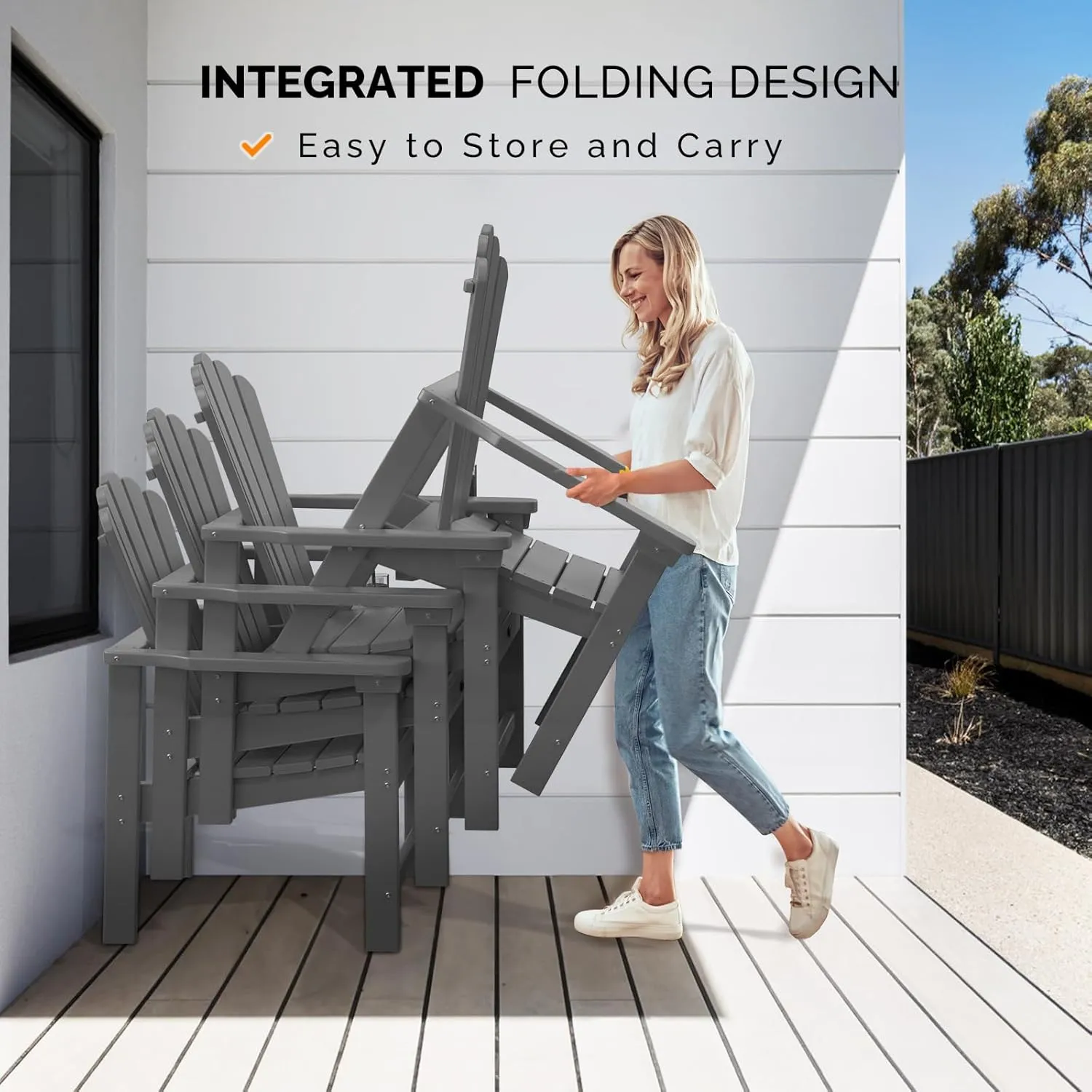 VINGLI Plastic Folding Adirondack Chair with Cup Holder, 100% Recyclable HDPE Material, Comfortable 380lb Weight Capacity for Outdoor Pool Patio Lounge Chair Lawn Furniture Fire Pit, 2 Pack,Gray