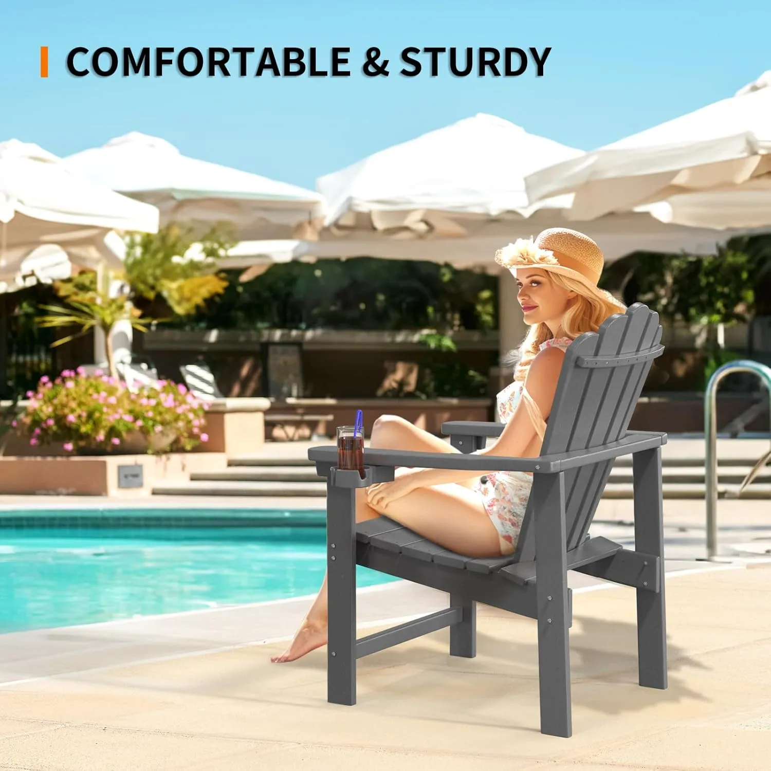 VINGLI Plastic Folding Adirondack Chair with Cup Holder, 100% Recyclable HDPE Material, Comfortable 380lb Weight Capacity for Outdoor Pool Patio Lounge Chair Lawn Furniture Fire Pit, 2 Pack,Gray