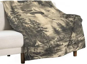 Vintage Jungle Stream Flannel Throw Blanket, Soft Cozy Warm Fleece Fantasy UFO Camping Tent Blanket for Couch Sofa Bed, 50x70 Inch