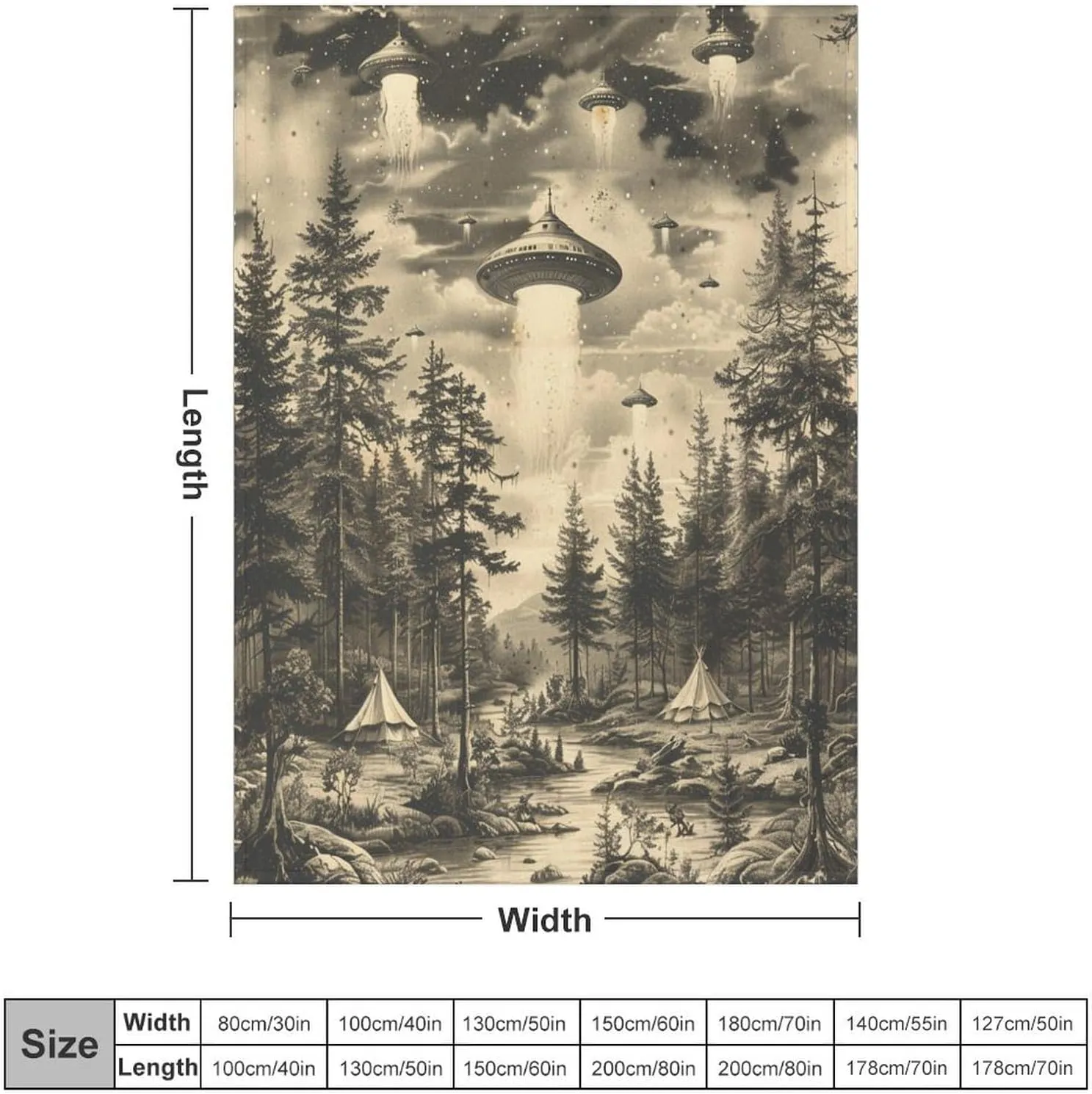 Vintage Jungle Stream Flannel Throw Blanket, Soft Cozy Warm Fleece Fantasy UFO Camping Tent Blanket for Couch Sofa Bed, 50x70 Inch