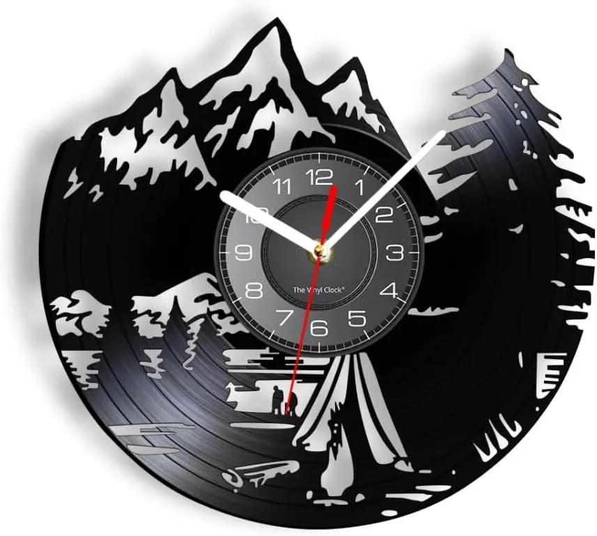 Vinyl Wall Clock-30Cm Vinyl Record Decor Mountain Range Rest Time Camping Vinyl Recprd Wall Clock Nature Landscape Hiking Outdoor Adventure Art Timepieces Fo
