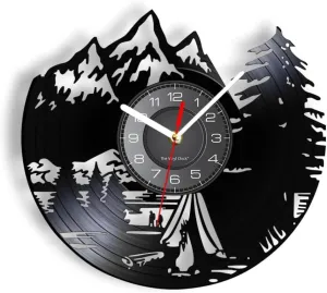 Vinyl Wall Clock-30Cm Vinyl Record Decor Mountain Range Rest Time Camping Vinyl Recprd Wall Clock Nature Landscape Hiking Outdoor Adventure Art Timepieces Fo