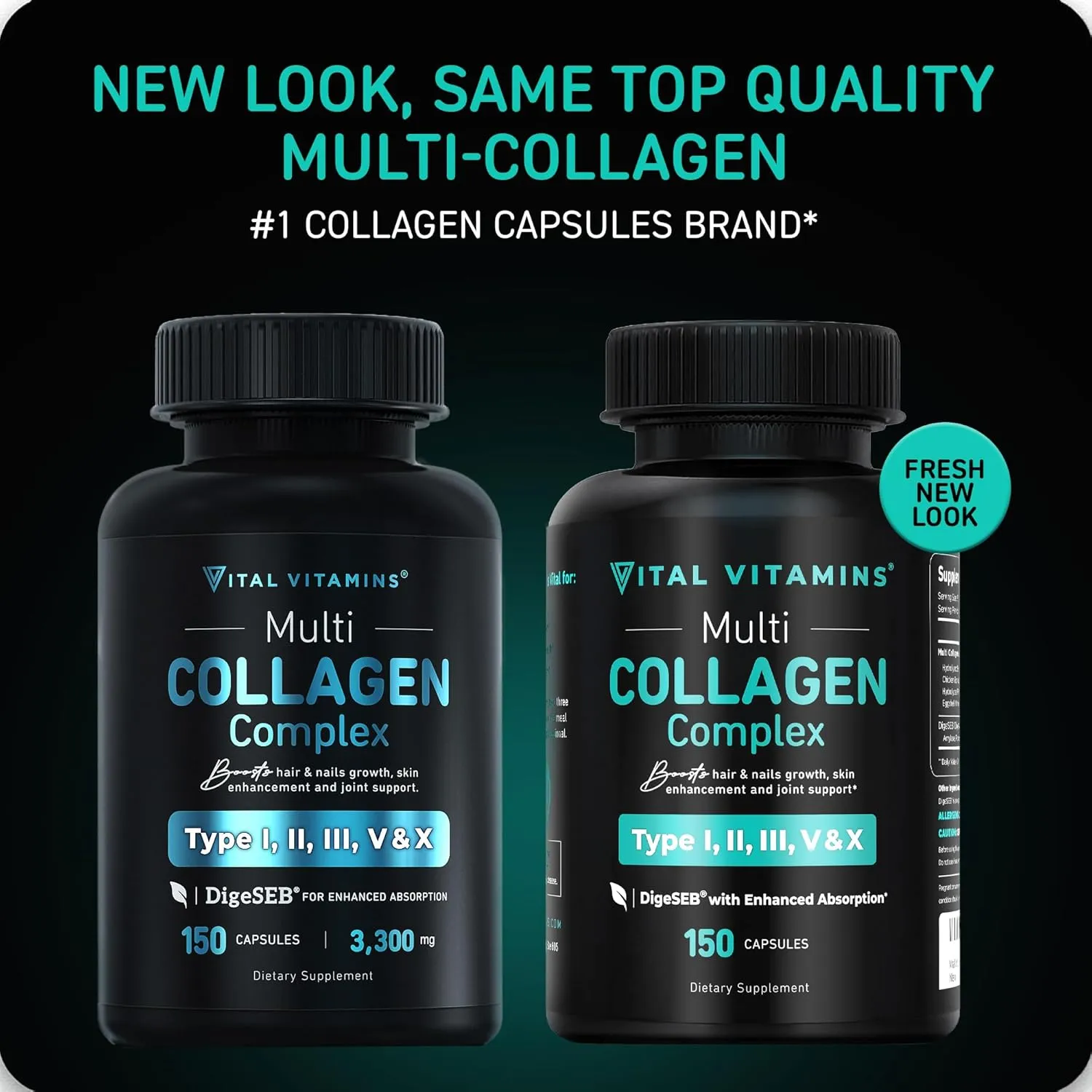 Vital Vitamins Multi Collagen for Women & Men - Type I, II, III, V, X - Grass Fed, Non-GMO - 150 Capsules
