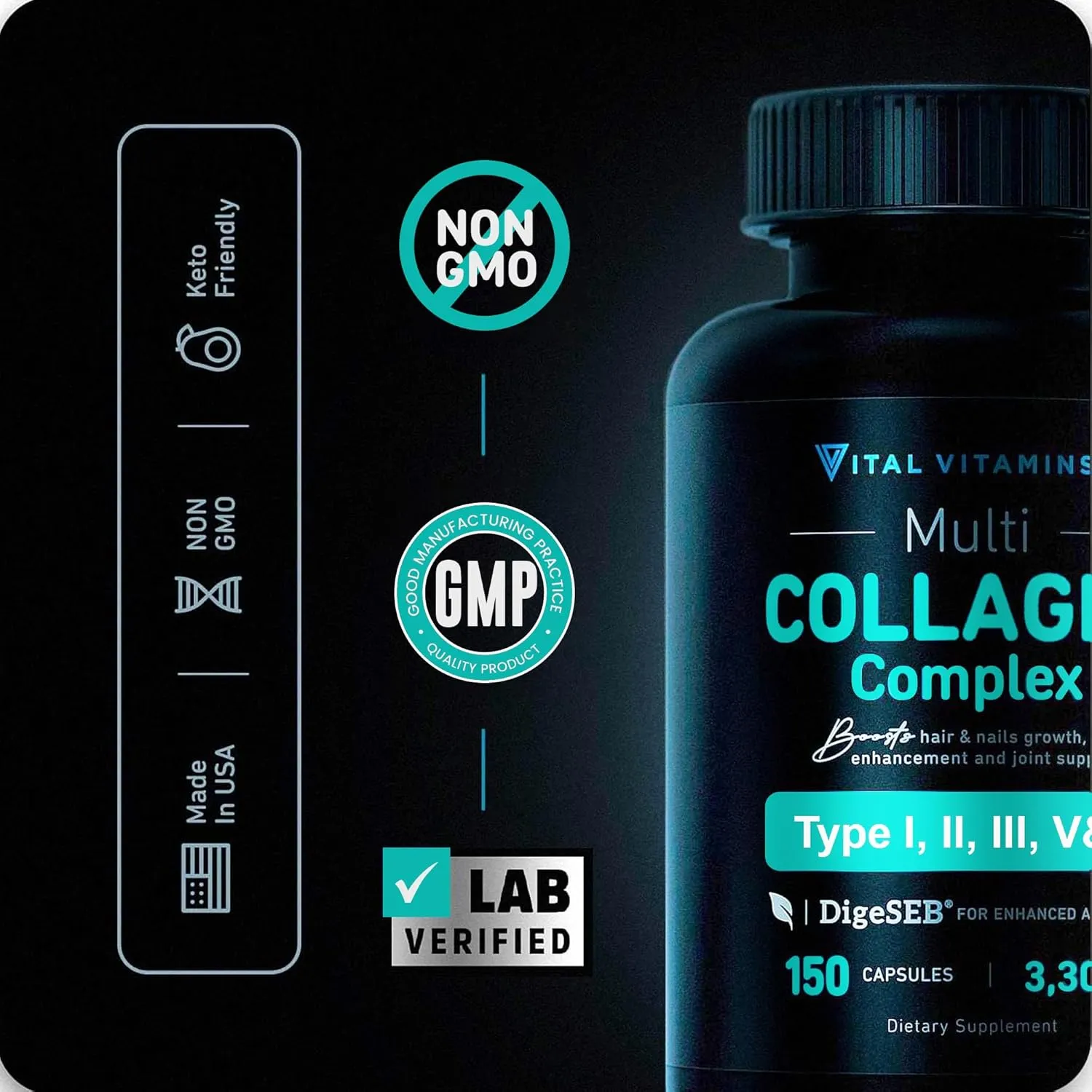 Vital Vitamins Multi Collagen for Women & Men - Type I, II, III, V, X - Grass Fed, Non-GMO - 150 Capsules
