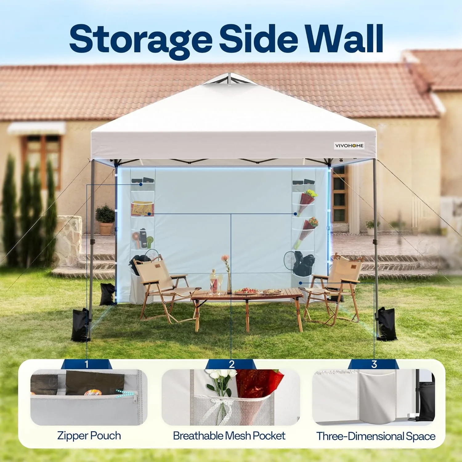 VIVOHOME 10x10ft Pop Up Canopy Tent with Sidewall and 6 Pockets, One Push Setup Outdoor Portable Shelter Tent Heavy Duty with Wheel Carry Bag and 4 Sandbags, White
