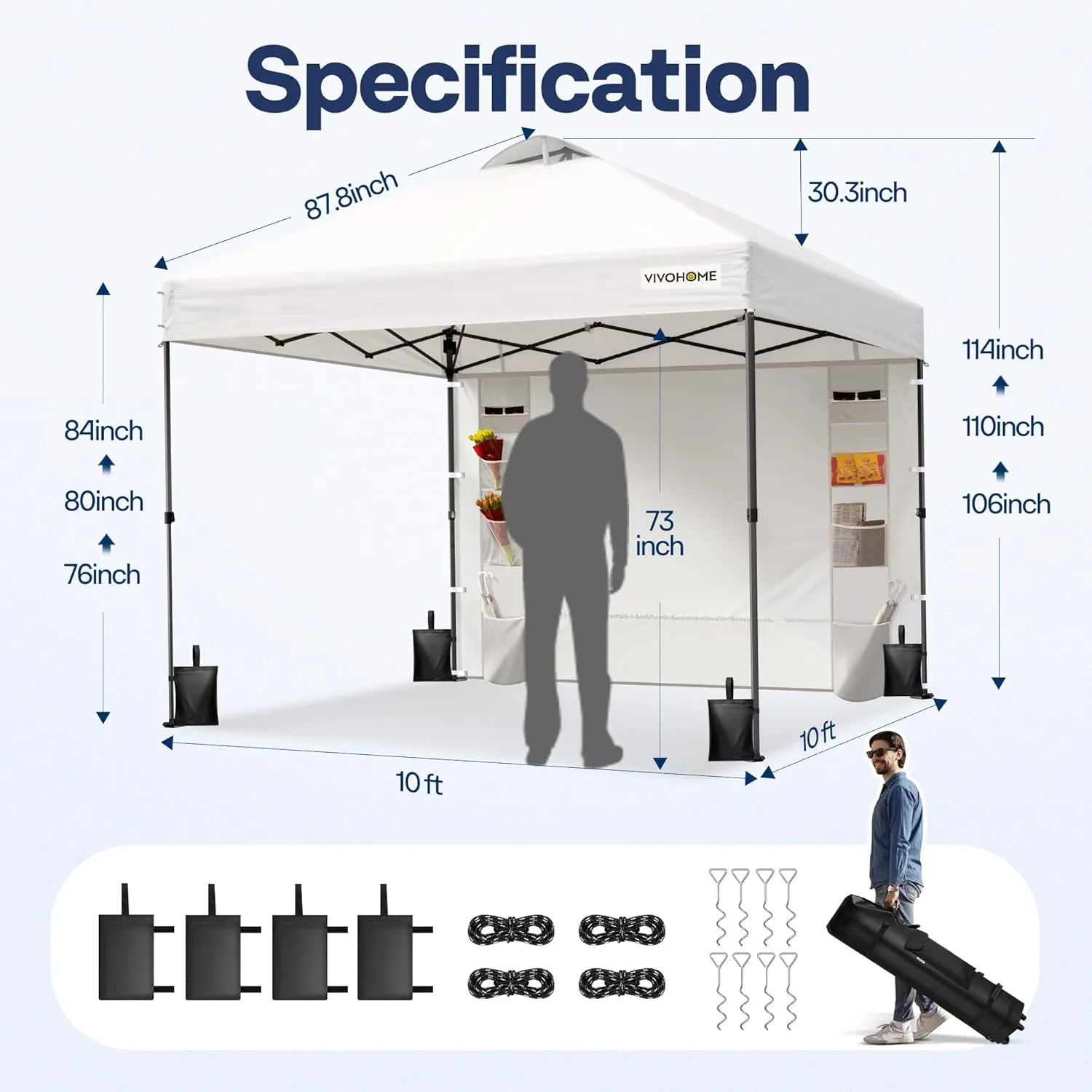VIVOHOME 10x10ft Pop Up Canopy Tent with Sidewall and 6 Pockets, One Push Setup Outdoor Portable Shelter Tent Heavy Duty with Wheel Carry Bag and 4 Sandbags, White