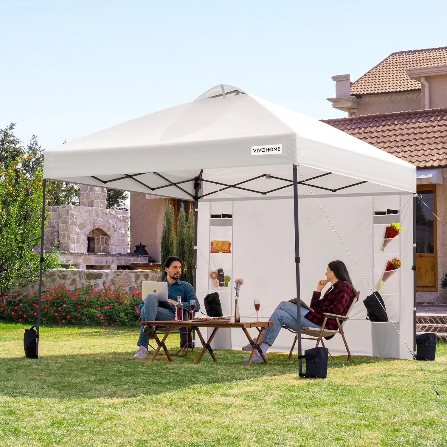 VIVOHOME 10x10ft Pop Up Canopy Tent with Sidewall and 6 Pockets, One Push Setup Outdoor Portable Shelter Tent Heavy Duty with Wheel Carry Bag and 4 Sandbags, White
