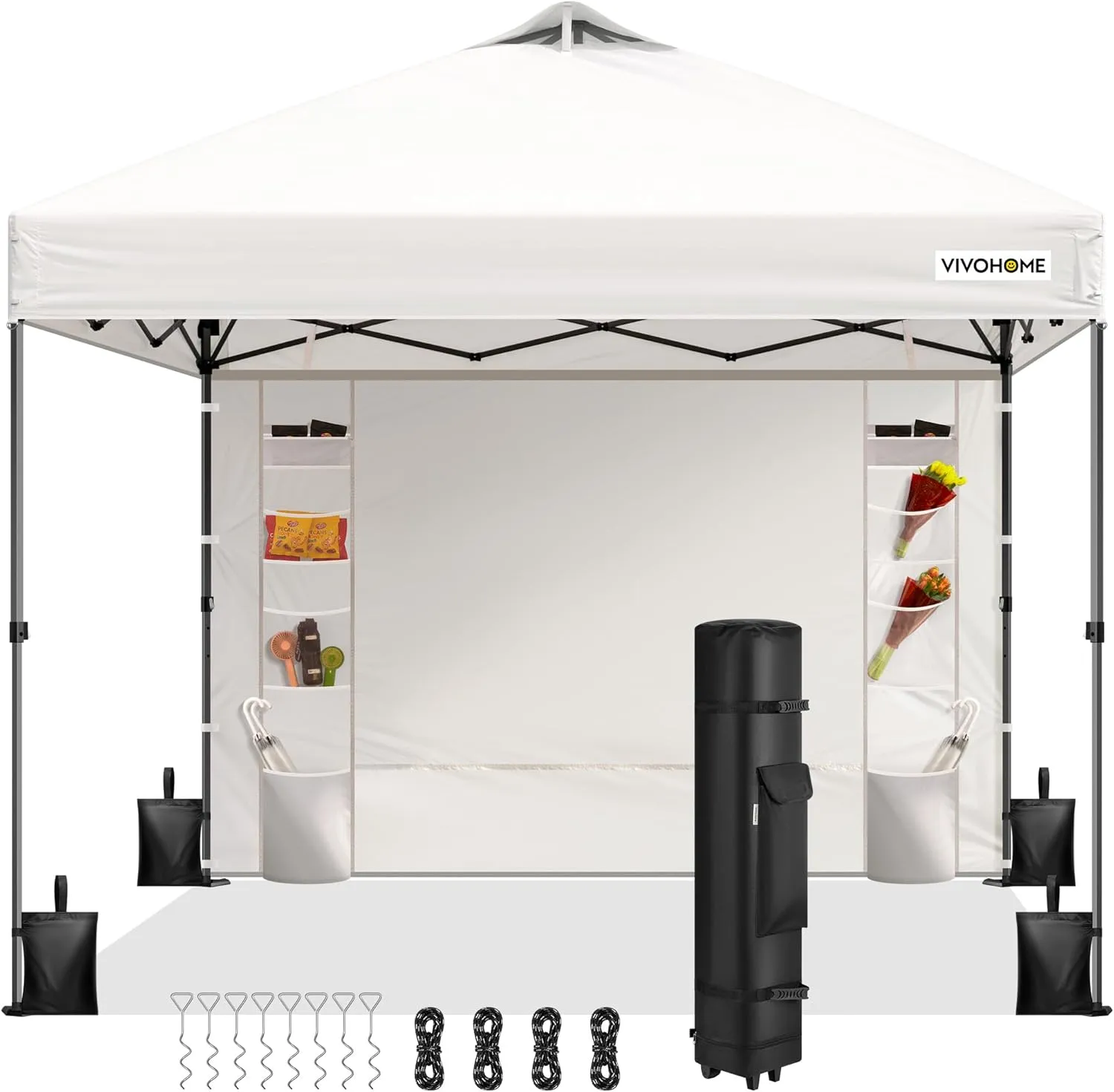 VIVOHOME 10x10ft Pop Up Canopy Tent with Sidewall and 6 Pockets, One Push Setup Outdoor Portable Shelter Tent Heavy Duty with Wheel Carry Bag and 4 Sandbags, White