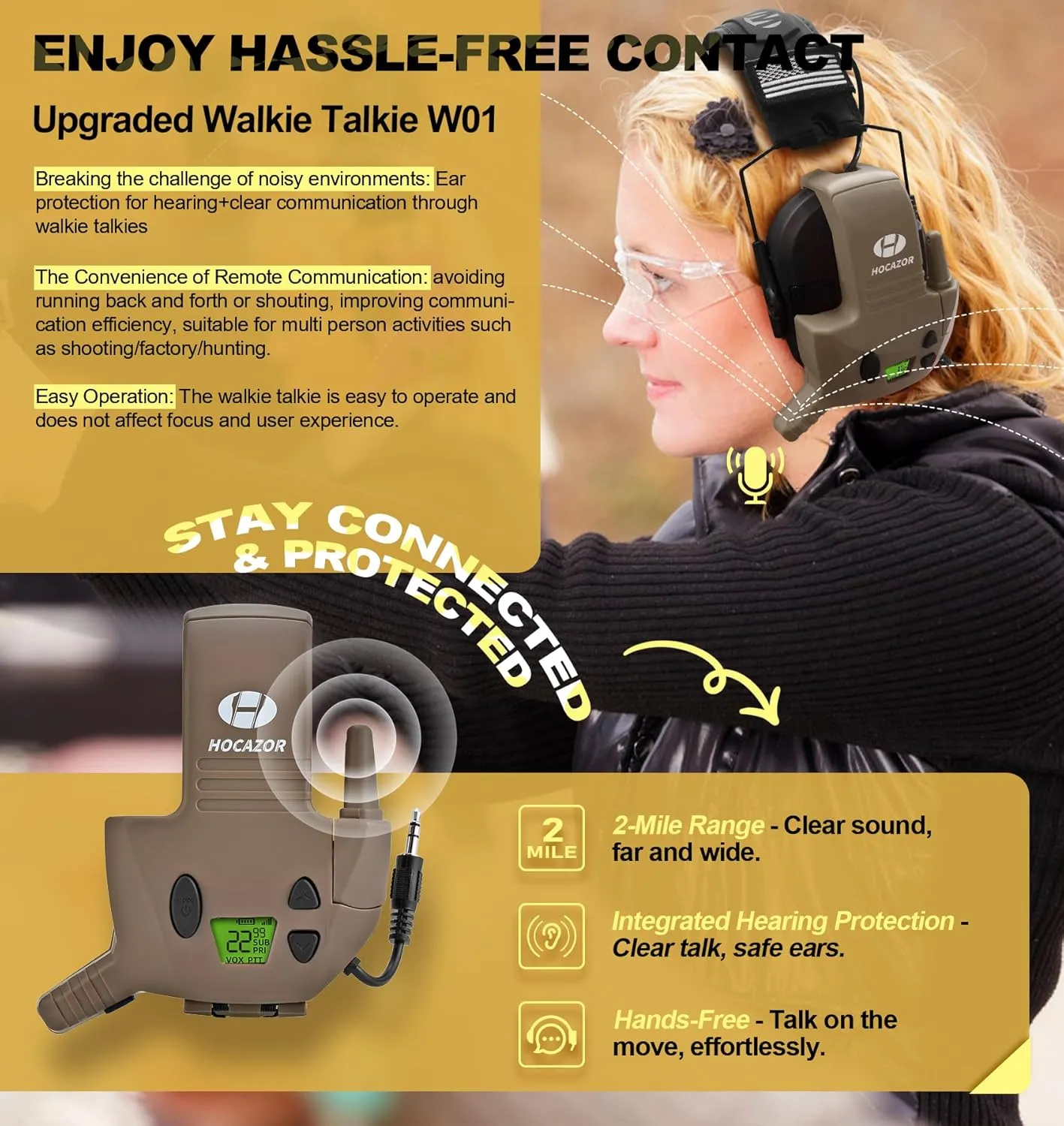 W01 Walkie Talkies Compatible with Walker's Razor Slim Electronic Ear Muffs, Handsfree Communication for Outdoors Hunting Shooting Construction Sites Work Shop, Brown
