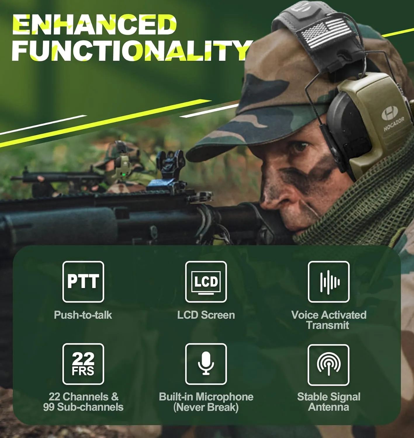 W01 Walkie Talkies Compatible with Walker's Razor Slim Electronic Ear Muffs, Handsfree Communication for Outdoors Hunting Shooting Construction Sites Work Shop, Green
