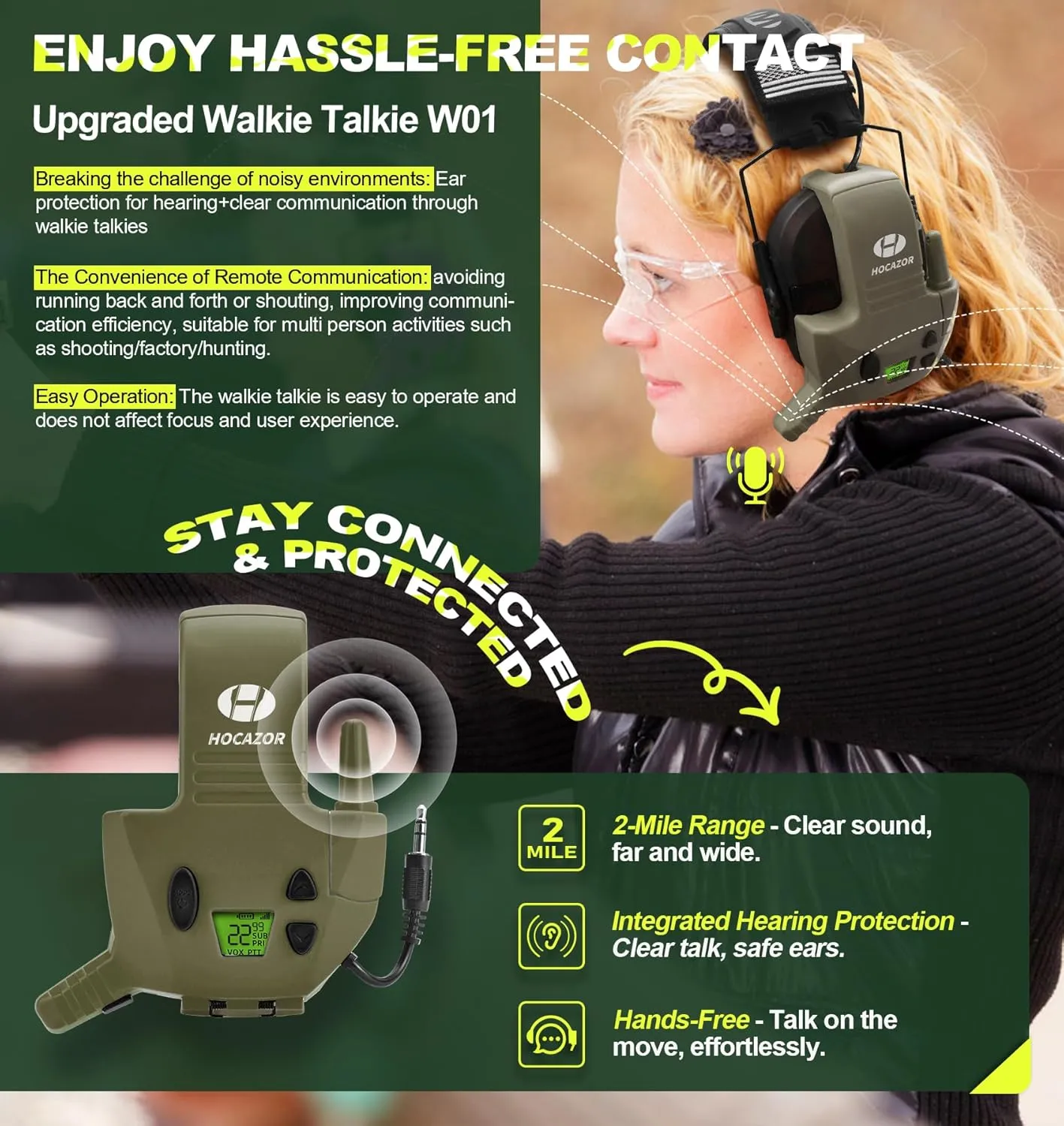 W01 Walkie Talkies Compatible with Walker's Razor Slim Electronic Ear Muffs, Handsfree Communication for Outdoors Hunting Shooting Construction Sites Work Shop, Green