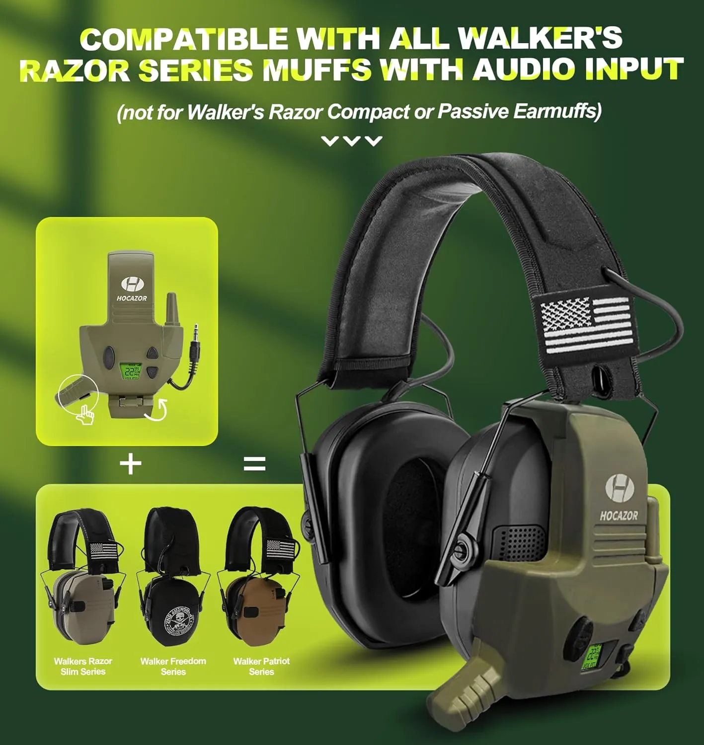 W01 Walkie Talkies Compatible with Walker's Razor Slim Electronic Ear Muffs, Handsfree Communication for Outdoors Hunting Shooting Construction Sites Work Shop, Green