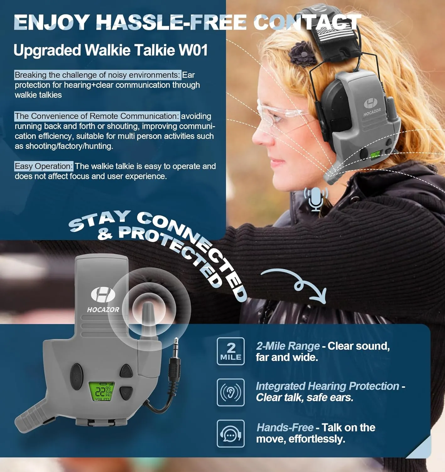 W01 Walkie Talkies Compatible with Walker's Razor Slim Electronic Ear Muffs, Handsfree Communication for Outdoors Hunting Shooting Construction Sites Work Shop, Grey