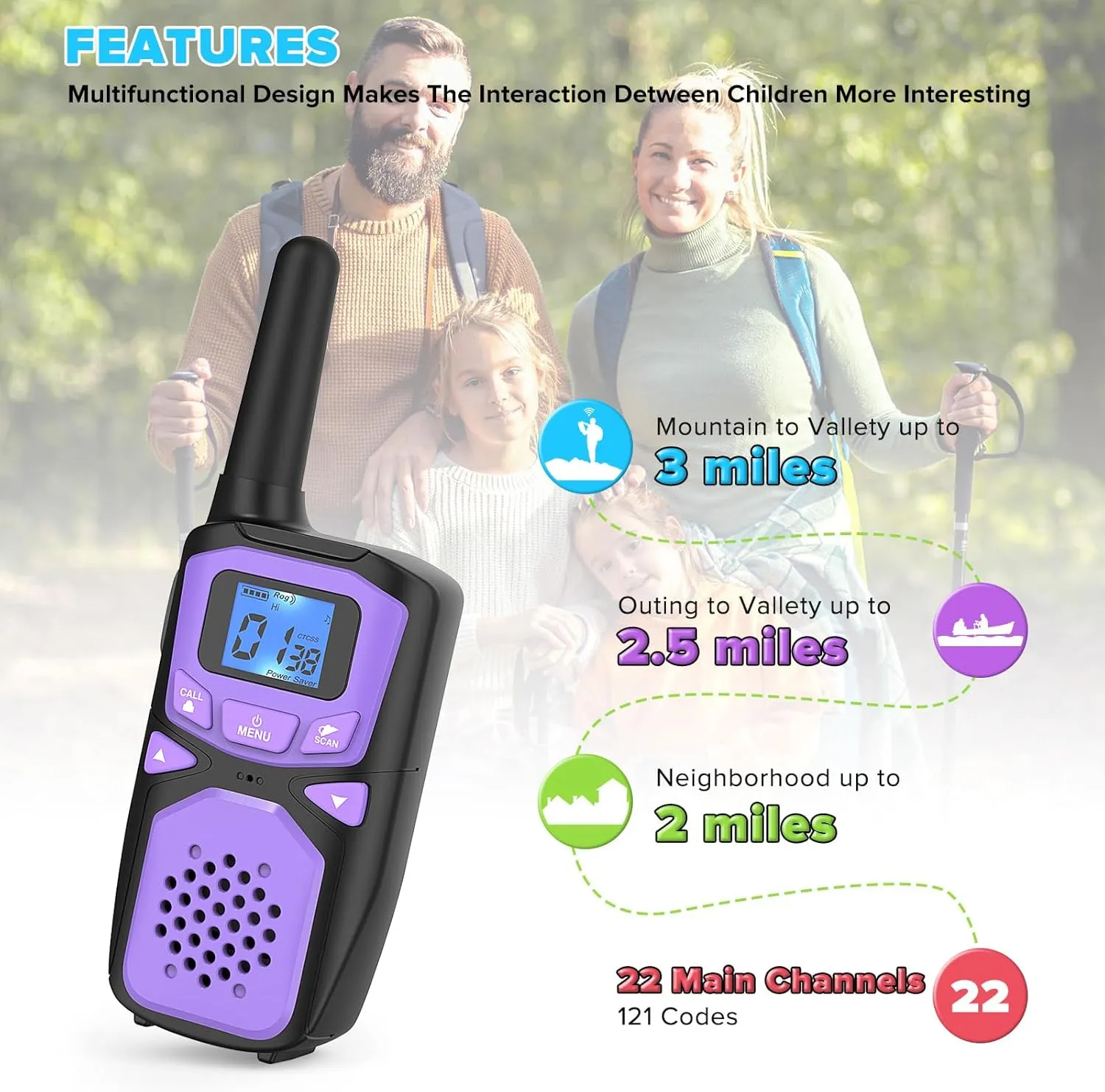 Walkie Talkies for Kids Rechargeable, 2 Pack Long Range Walkie-Talkie for Small 2 Way Radio Hands-Free Outdoor Camping, Hiking Talki with Wearable Lanyard Birthday Xmas Toys Gifts for Boys Girls Kids
