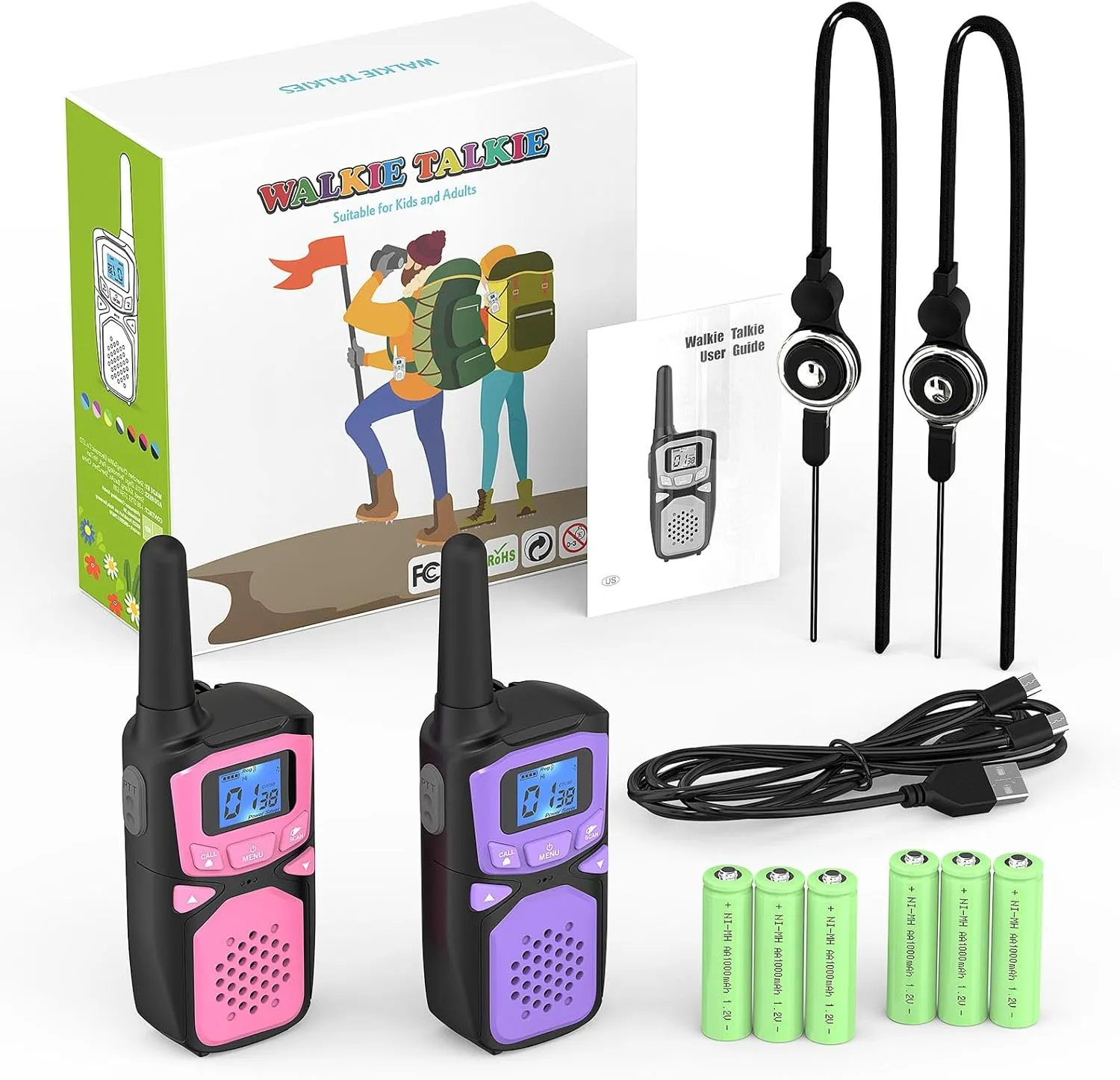 Walkie Talkies for Kids Rechargeable, 2 Pack Long Range Walkie-Talkie for Small 2 Way Radio Hands-Free Outdoor Camping, Hiking Talki with Wearable Lanyard Birthday Xmas Toys Gifts for Boys Girls Kids