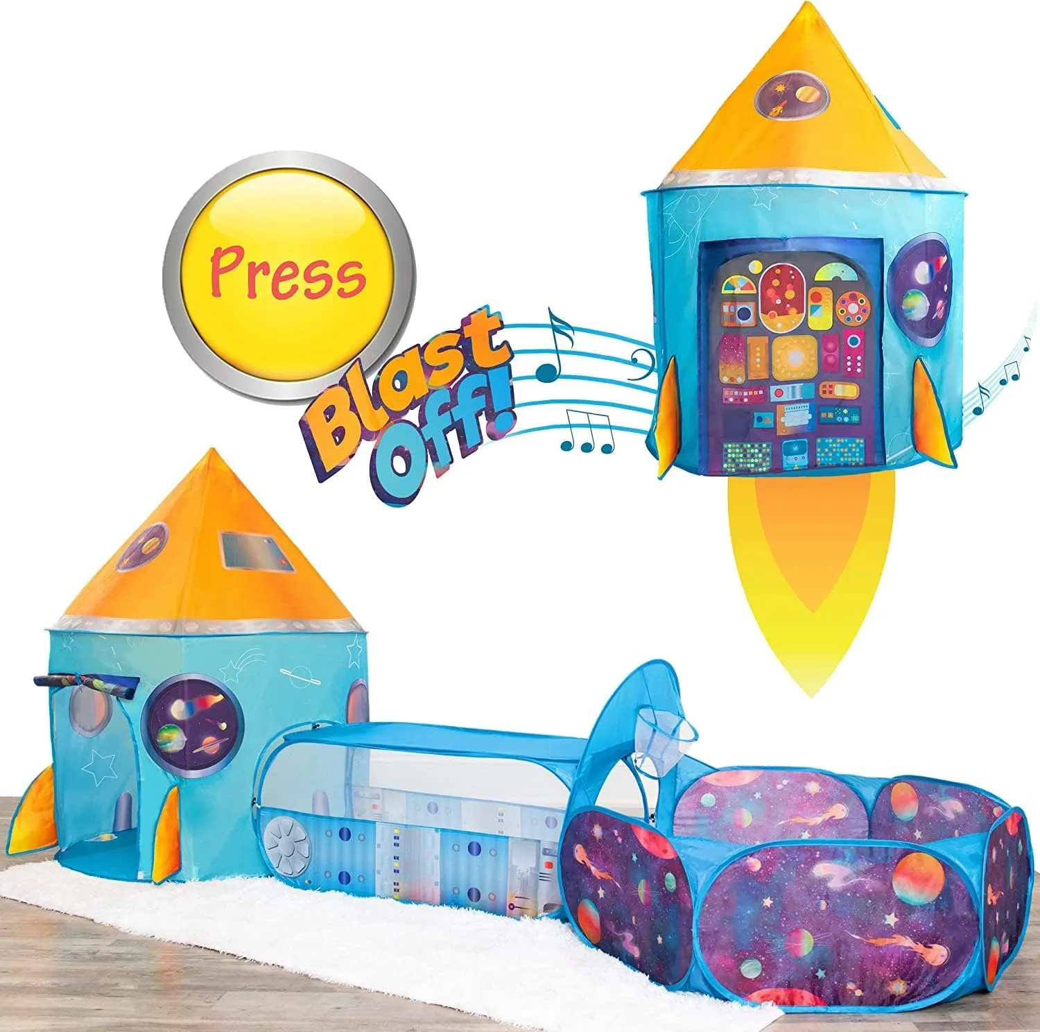 W&O Rocket Ship Play Tent with Tunnel, Ball Pit and Blast Off Button - Inspire Creative Play for Kids - Perfect for Indoor & Outdoor Adventures