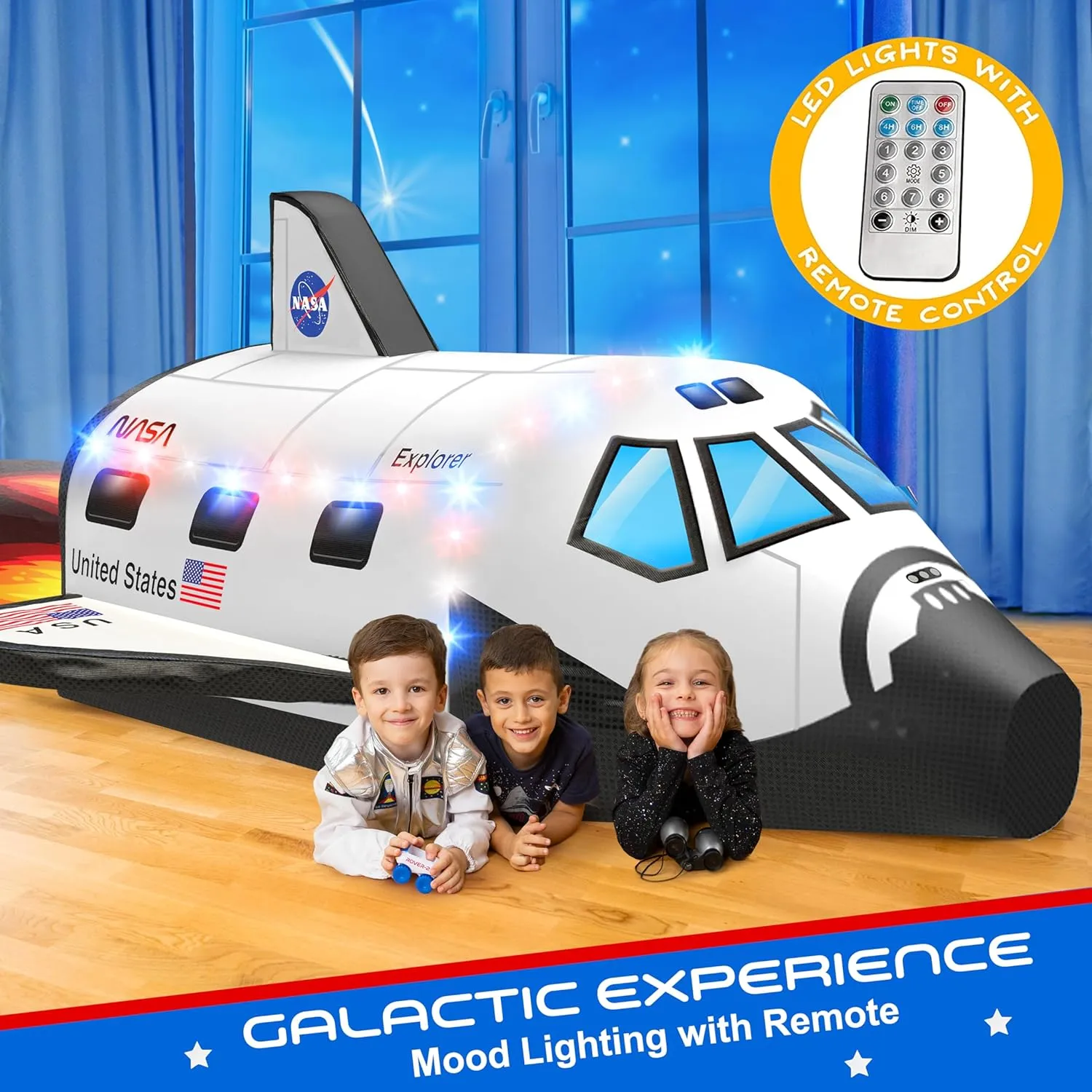 W&O Space Explorer Aerodome with LED Lights & Blast-Off Button – Inflates in Seconds to Create an Immersive Space Adventure for Kids Ages 3-12 – Inflatable Rocket Ship Tent (Fan Not Included)