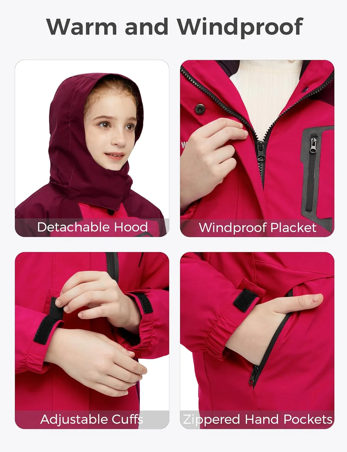 wantdo Girl's Ski Jacket Warm 3 in 1 Winter Coat Fleece Lined Snow Coat
