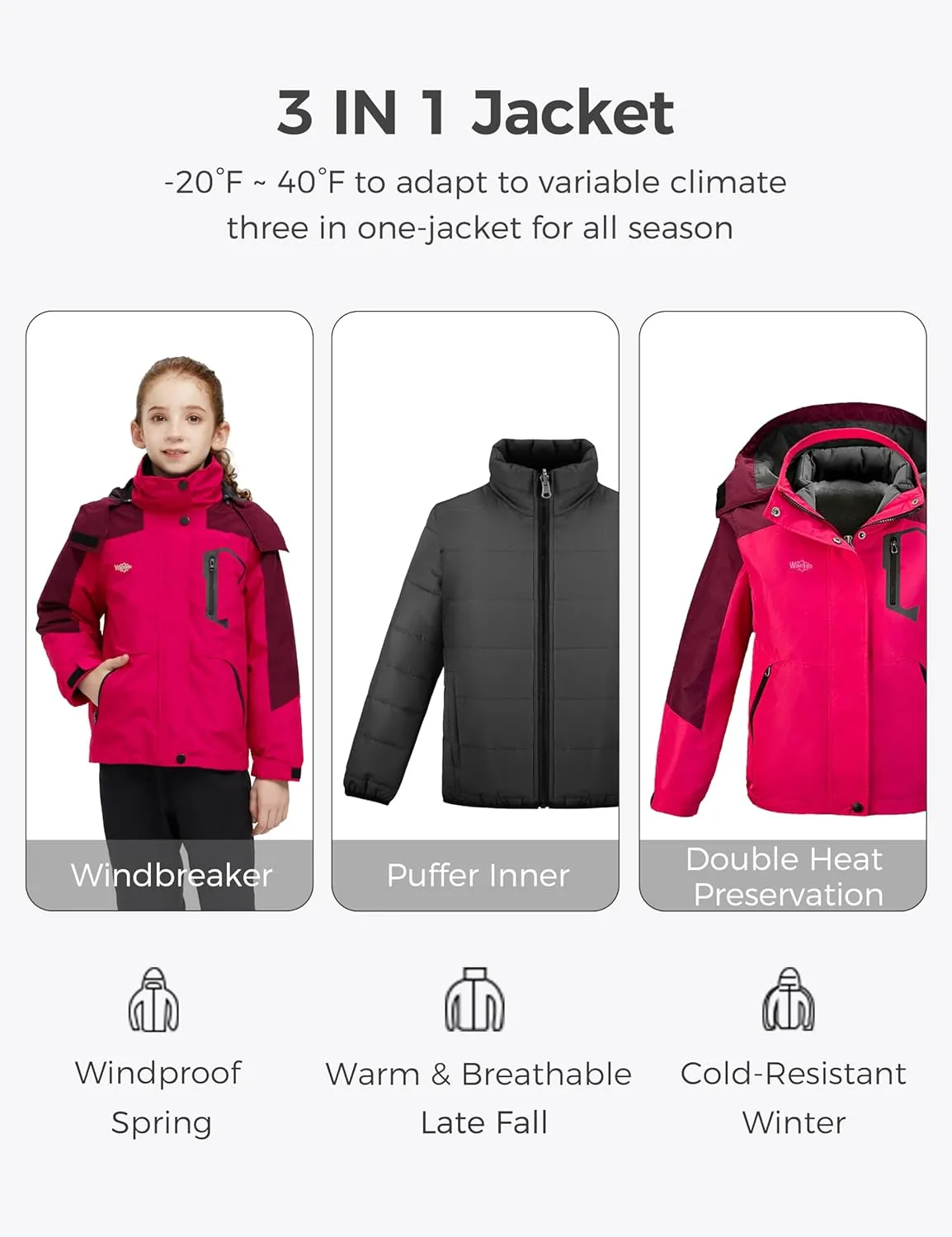 wantdo Girl's Ski Jacket Warm 3 in 1 Winter Coat Fleece Lined Snow Coat