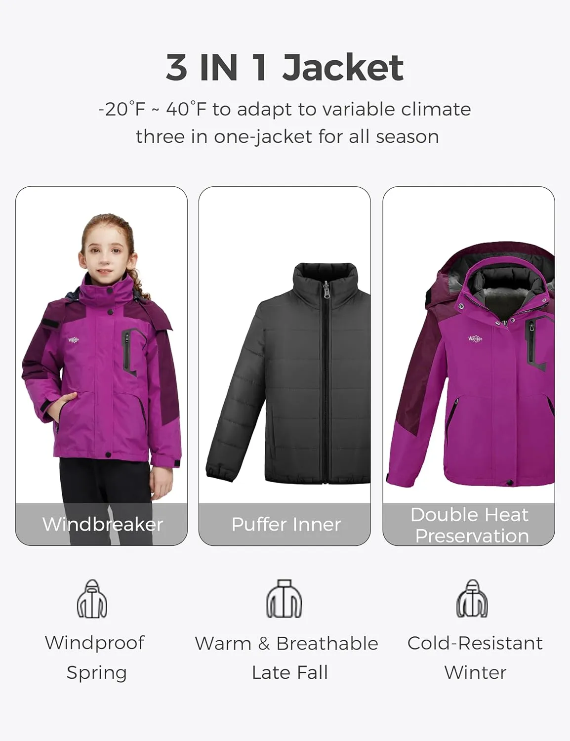 wantdo Girl's Ski Jacket Warm 3 in 1 Winter Coat Fleece Lined Snow Coat