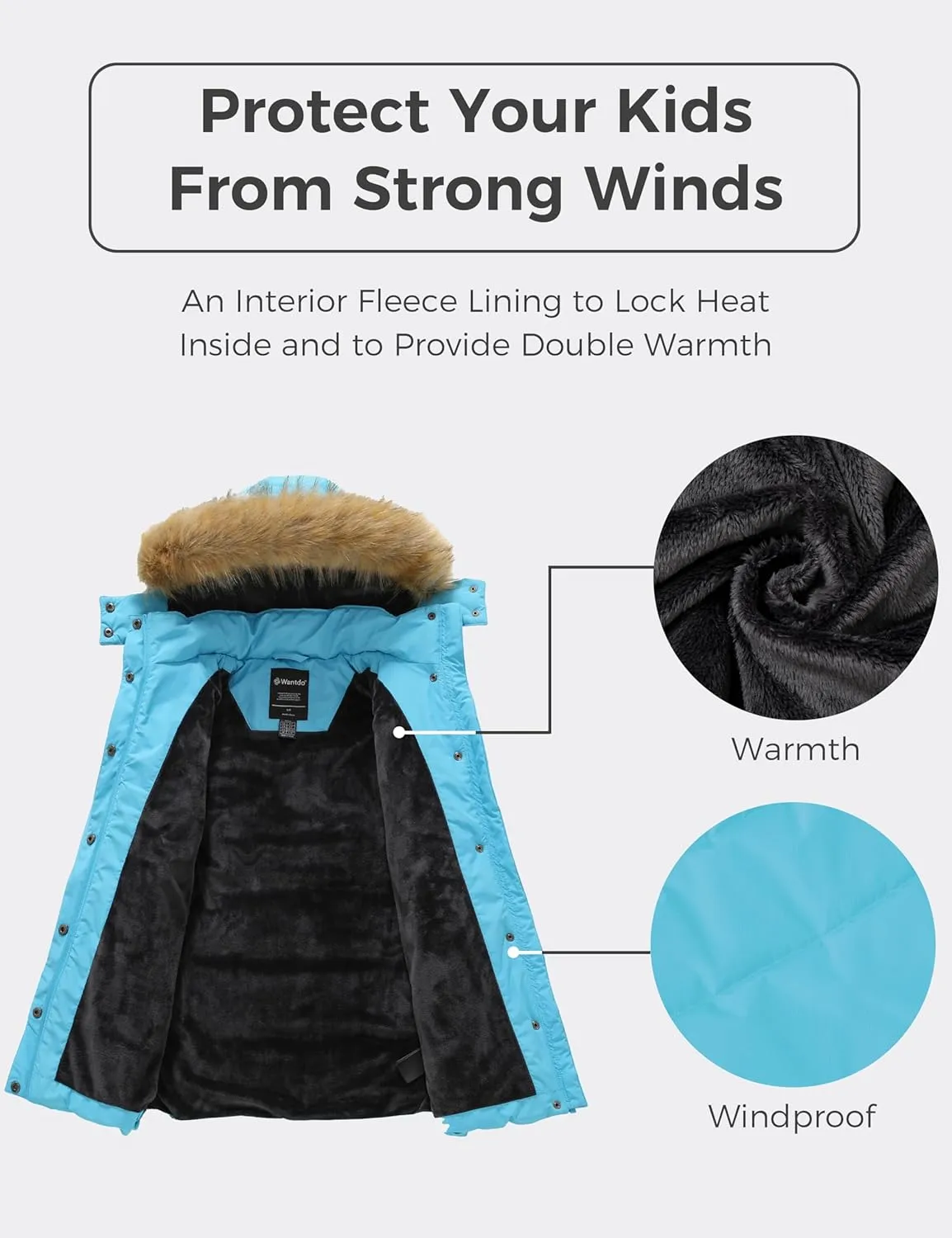 wantdo Girl's Winter Coat Long Puffer Jacket Fleece Parka with Hood Waterproof