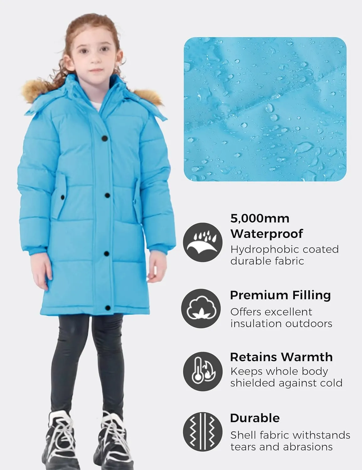 wantdo Girl's Winter Coat Long Puffer Jacket Fleece Parka with Hood Waterproof