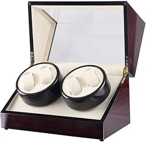 Watch Box Watch Storage Box Watch Winder for Automatic 4 Watches Red Wood Shell Piano Paint Exterior and Extremely Silent Motor