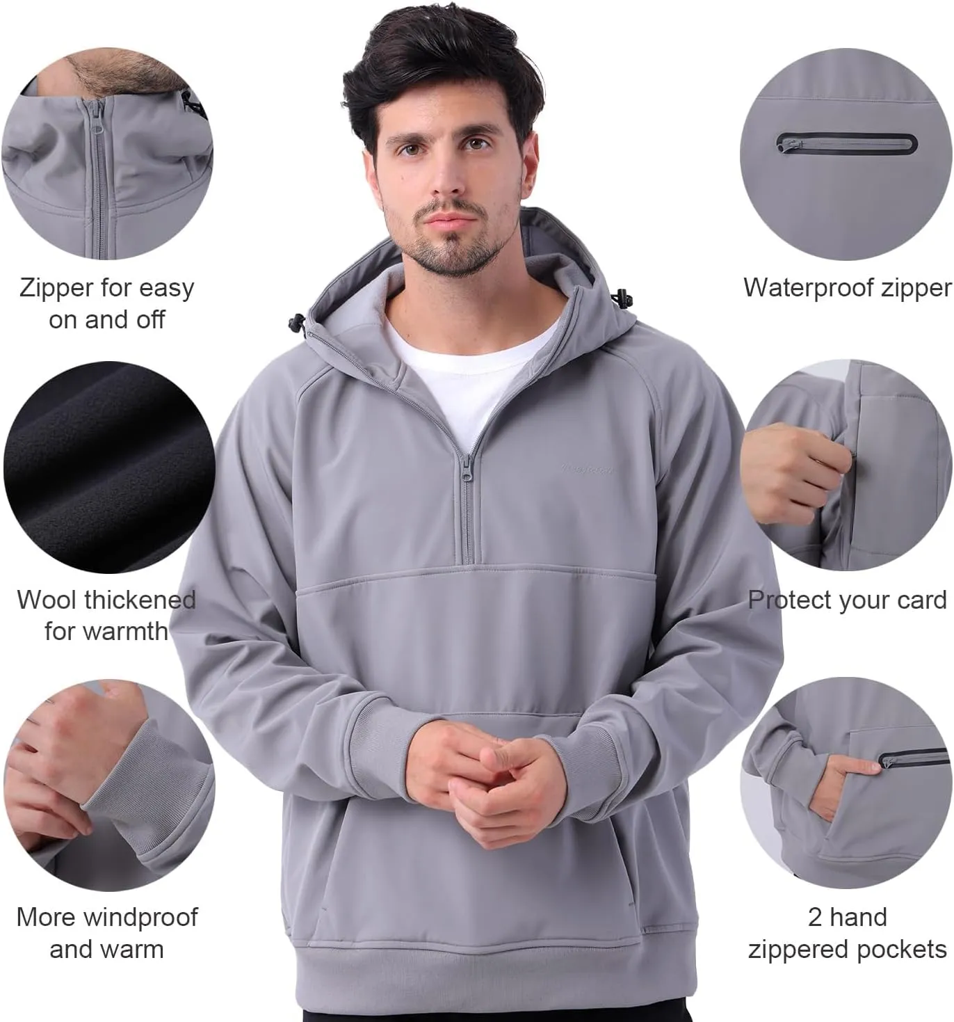 Waterproof Fleece Hoodies For Men Windbreaks Resistant Sweatshirt Softshell Rain Jacket Winter Coat Half Zip Pullover