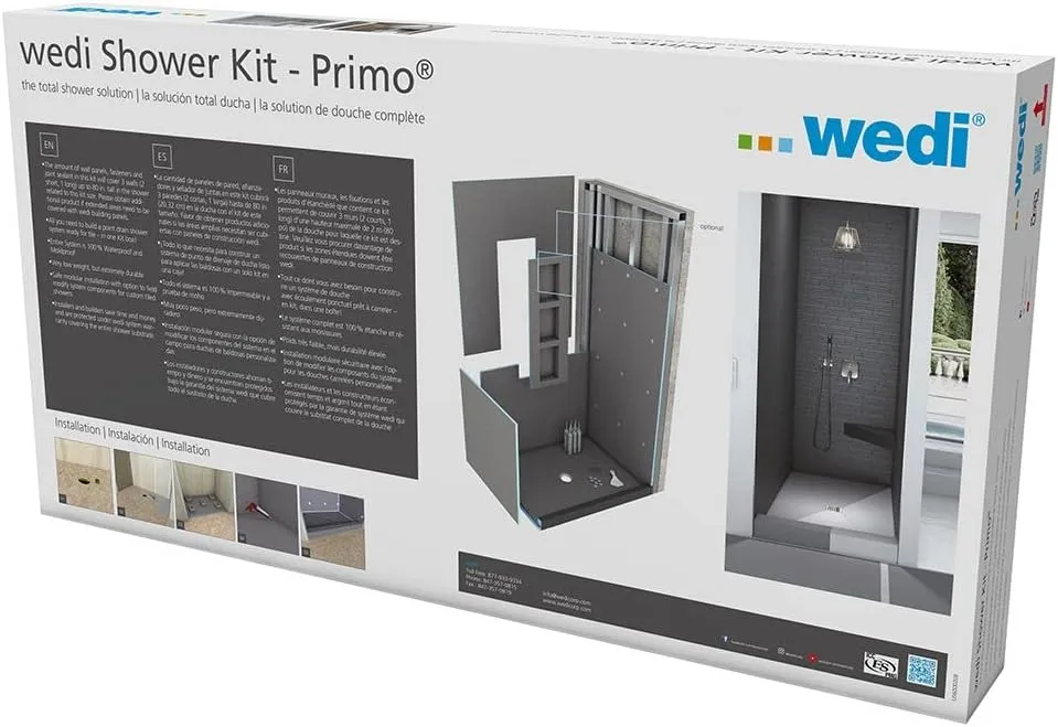 Wedi Fundo Primo Waterproof Shower Kit (3 Ft x 5 Ft) Complete Waterproofing Board Installation System with Central Square Drain Grate Assembly, Prefabricated Sloped Shower Base and Lean Shower Curb