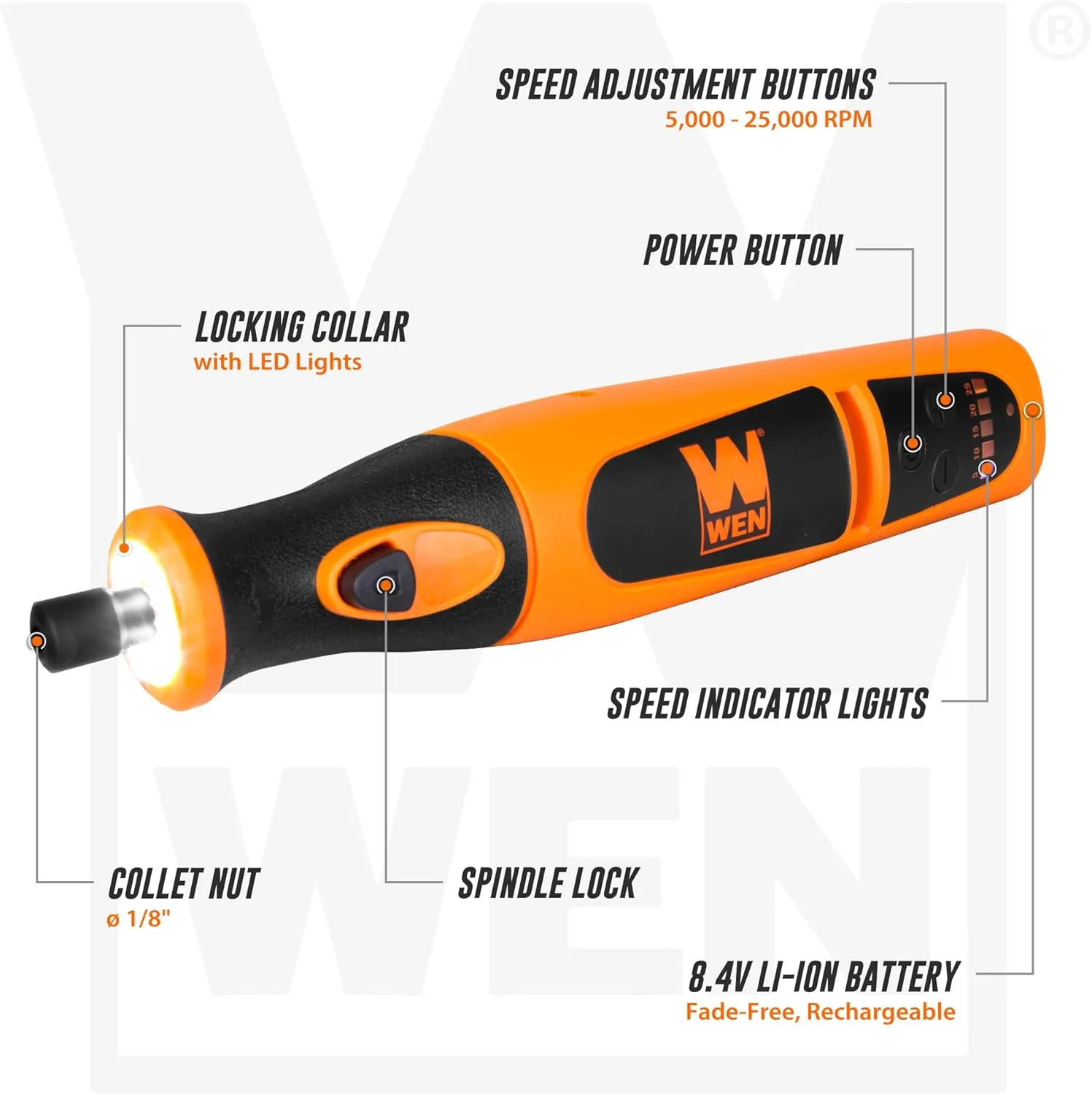 WEN 23072 Variable Speed Lithium-Ion Cordless Rotary Tool Kit with 24-Piece Accessory Set, Charger, and Carrying Case, 7.2 Volts