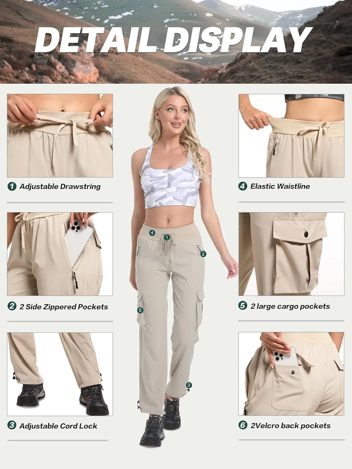 WENRONSTA Women's Cargo Pants Lightweight Water Resistant Quick Dry Hiking Pants Travel Outdoor Work Joggers with 6 Pockets