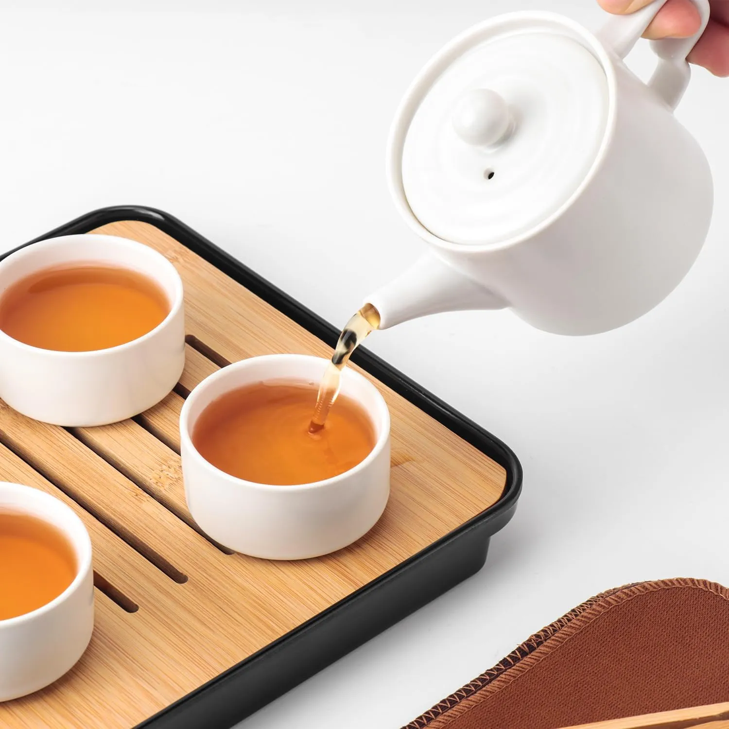 White Mini Travel Kung Fu Tea Pot Cup Set with Tray - Portable Chinese Ceramic Porcelain Teapot Infuser Bag All in One for Business Hotel Outdoor Picnic