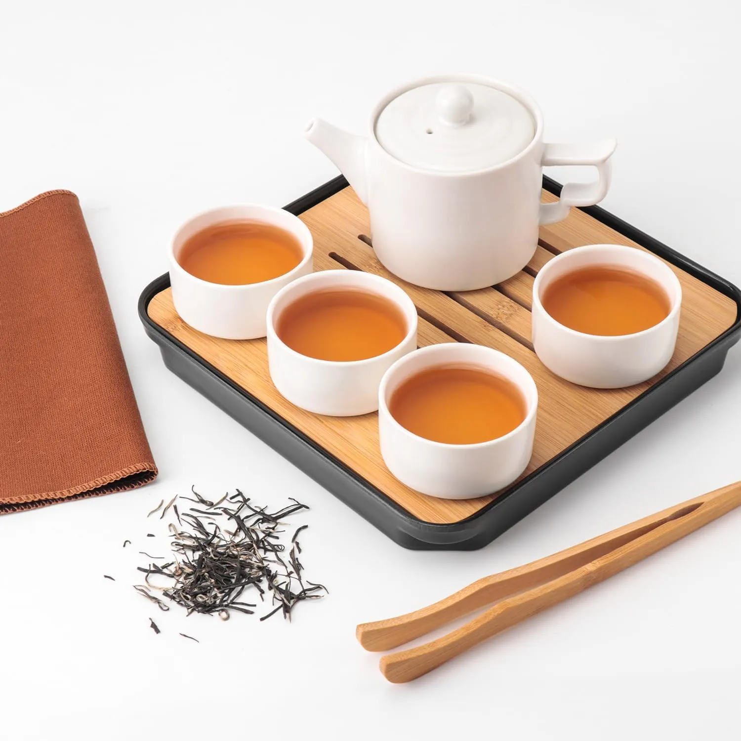White Mini Travel Kung Fu Tea Pot Cup Set with Tray - Portable Chinese Ceramic Porcelain Teapot Infuser Bag All in One for Business Hotel Outdoor Picnic