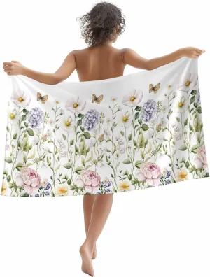 White Spring Floral Microfiber Sandproof Beach Towel for Pool Swimming, Pastoral Flower Watercolor Quick Dry Absorbent Soft Towels for Bath Camping Travel, Lightweight Breathable 30"x60"
