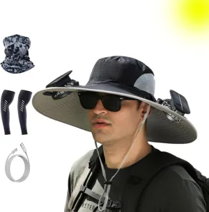 Wide Brim Solar Fan Outdoor Fishing Hat-Solar & USB Charging, Outdoor Solar Fan Hat UPF 50  for Fishing, Camping