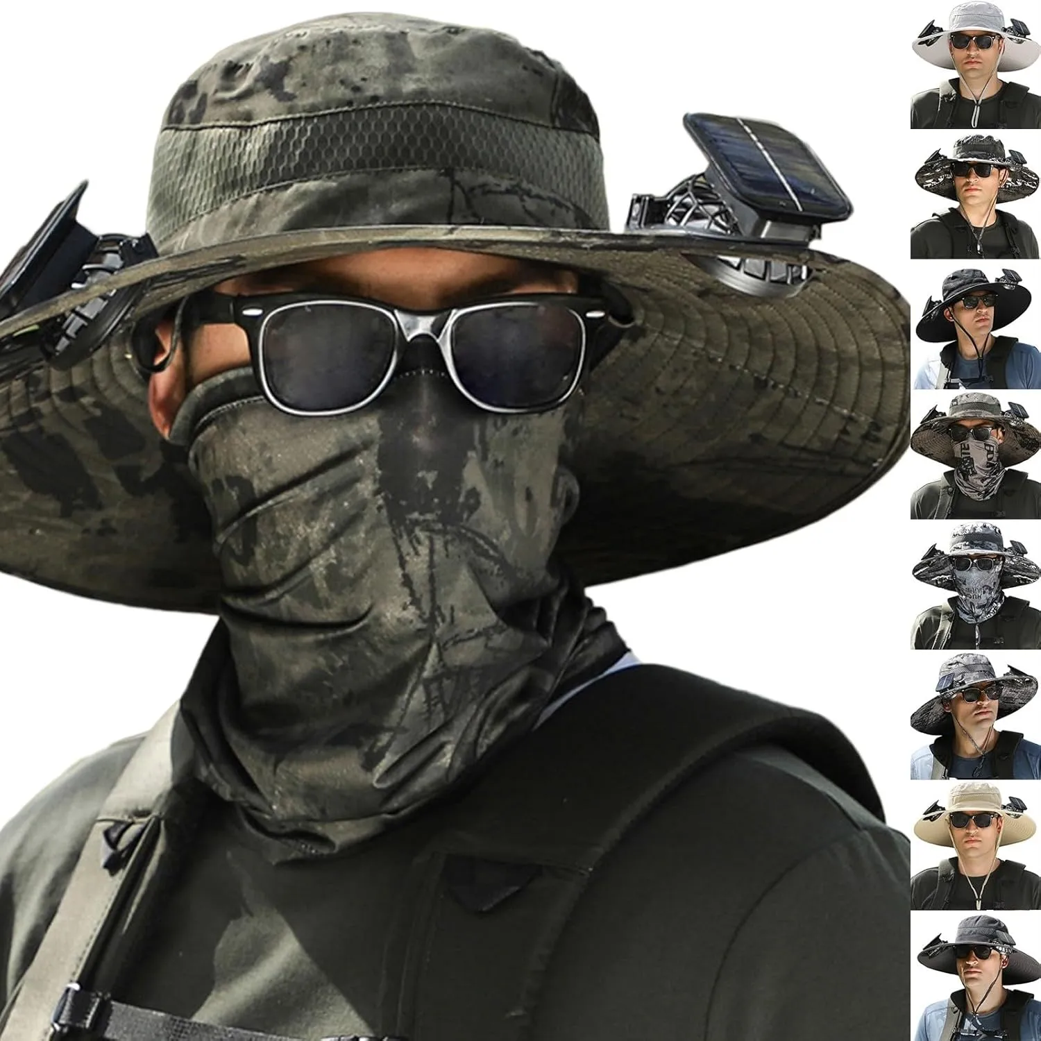 Wide Brim Solar Power Fan Hat, UPF 50  Bucket Hats with Solar Powered Fans for Camping Fishing Outdoor Hiking