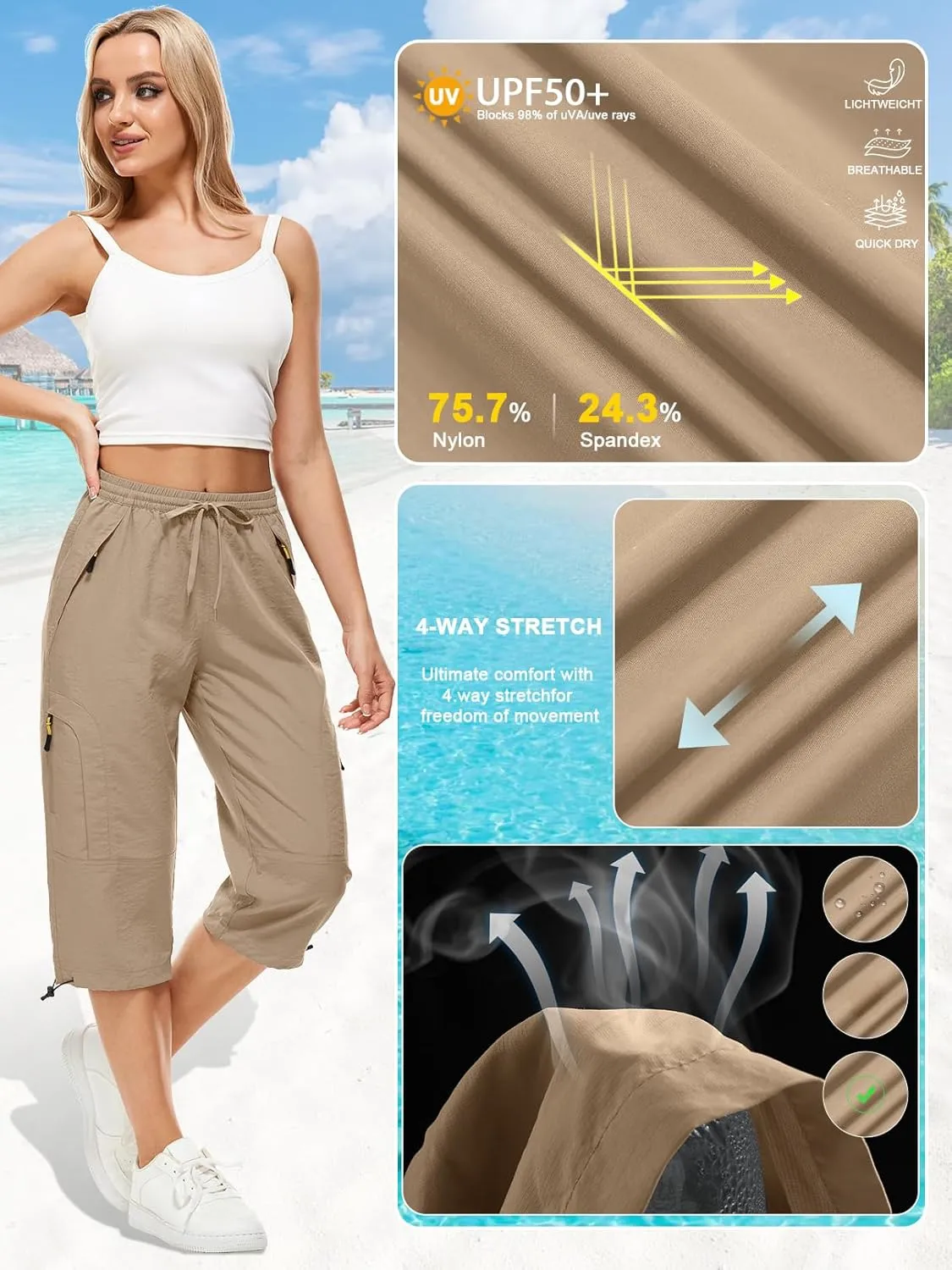 Women's Cargo Capris Pants Casual Hiking Pants Lightweight Quick Dry Travel Summer Pants for Women