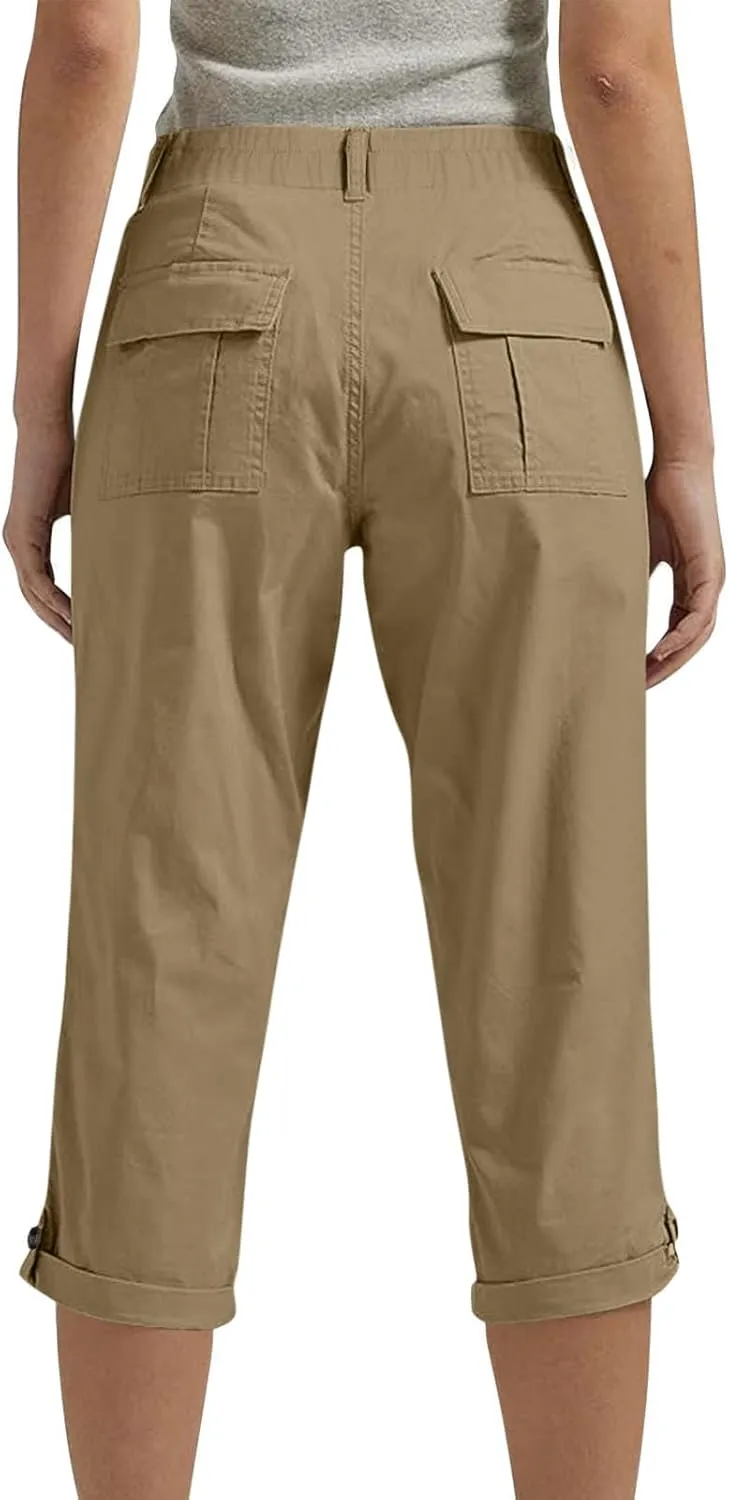 Womens Cargo Capris with Pocket Quick Dry Elastic Waist Hiking Pants Lightweight Casual Travel Running Capri Joggers