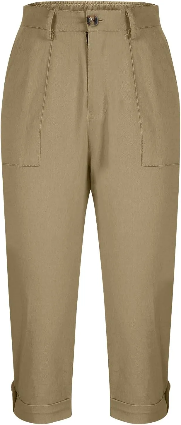 Womens Cargo Capris with Pocket Quick Dry Elastic Waist Hiking Pants Lightweight Casual Travel Running Capri Joggers