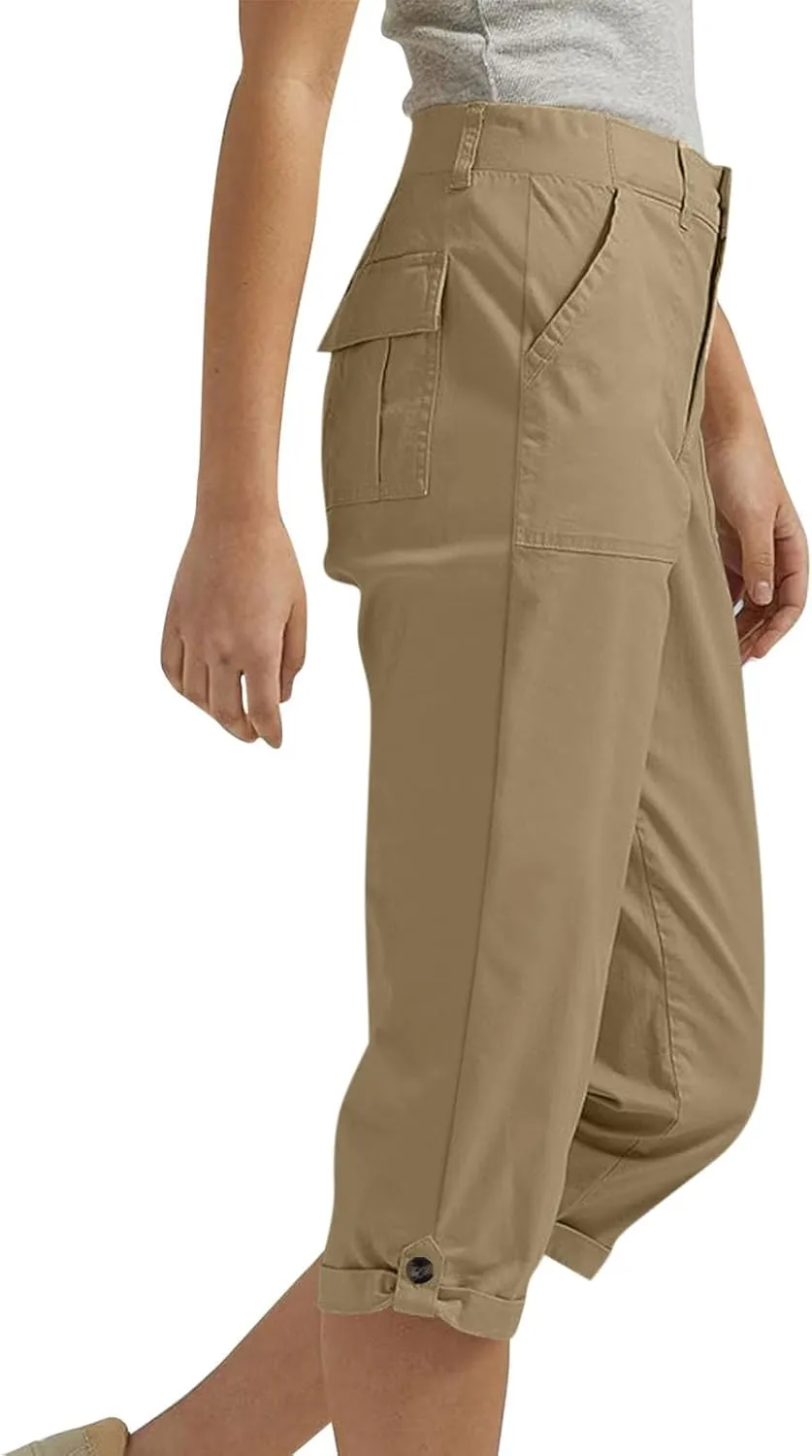 Womens Cargo Capris with Pocket Quick Dry Elastic Waist Hiking Pants Lightweight Casual Travel Running Capri Joggers