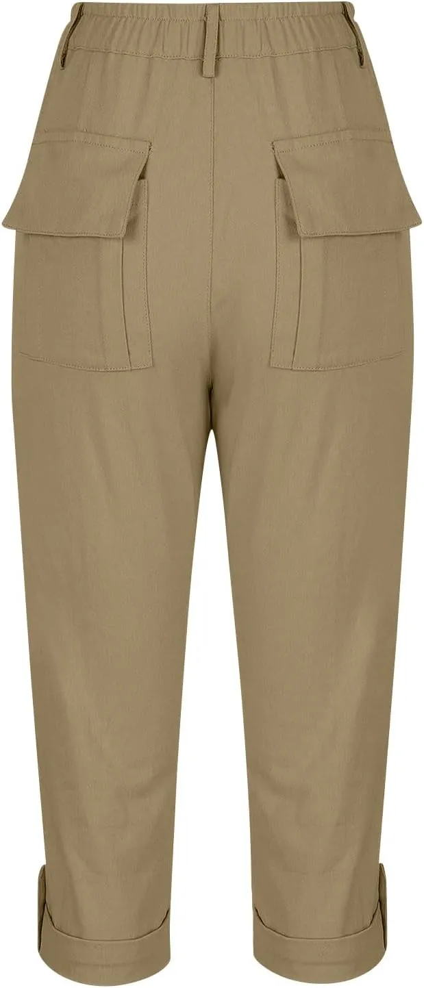 Womens Cargo Capris with Pocket Quick Dry Elastic Waist Hiking Pants Lightweight Casual Travel Running Capri Joggers