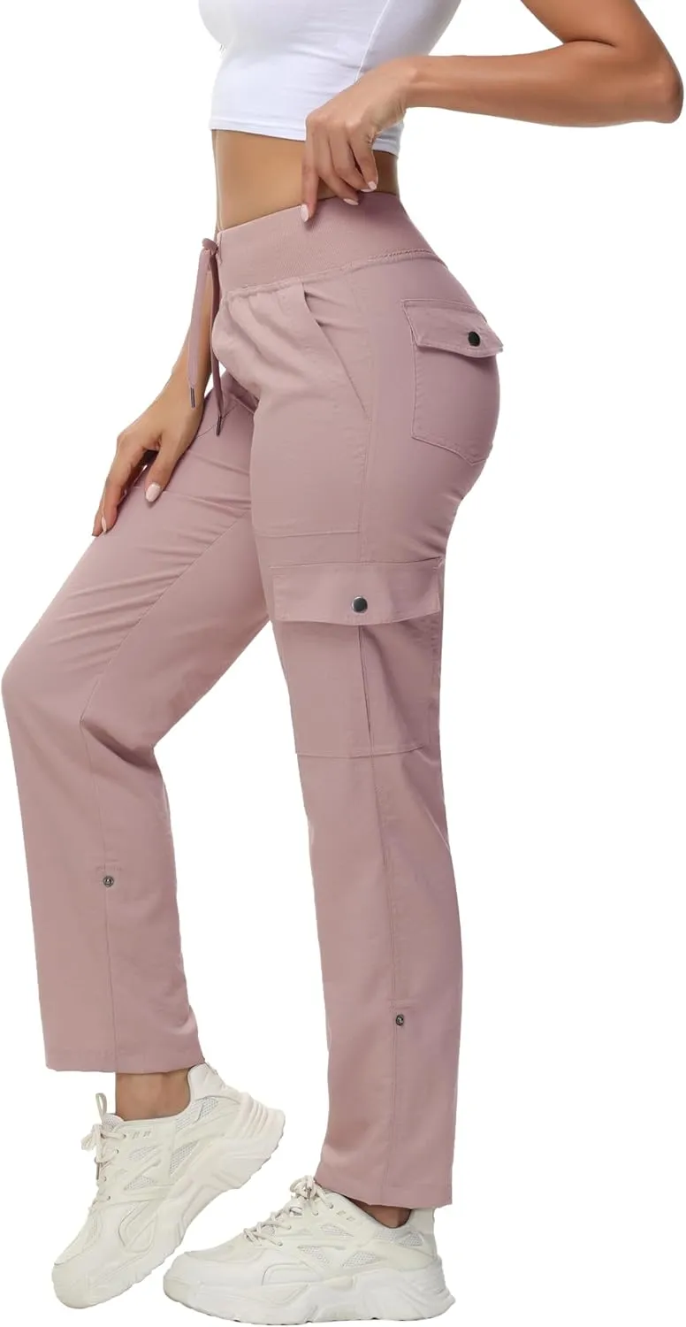 Women's Cargo Hiking Pants Quick Dry Lightweight Elastic Waist Button Pockets Joggers Athletic Sweatpants Travel Casual