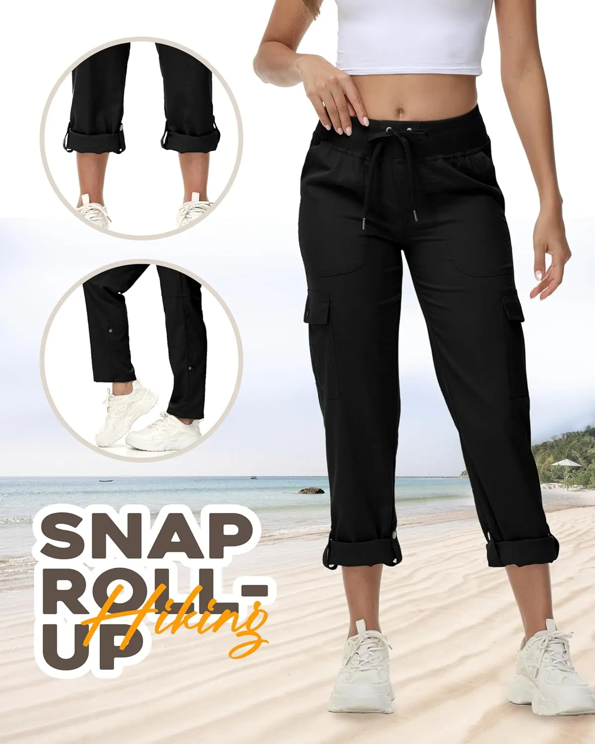 Women's Cargo Hiking Pants Quick Dry Lightweight Elastic Waist Button Pockets Joggers Athletic Sweatpants Travel Casual