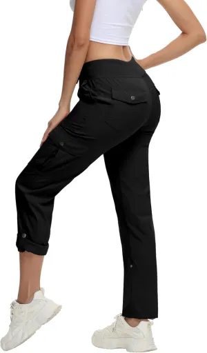 Women's Cargo Hiking Pants Quick Dry Lightweight Elastic Waist Button Pockets Joggers Athletic Sweatpants Travel Casual