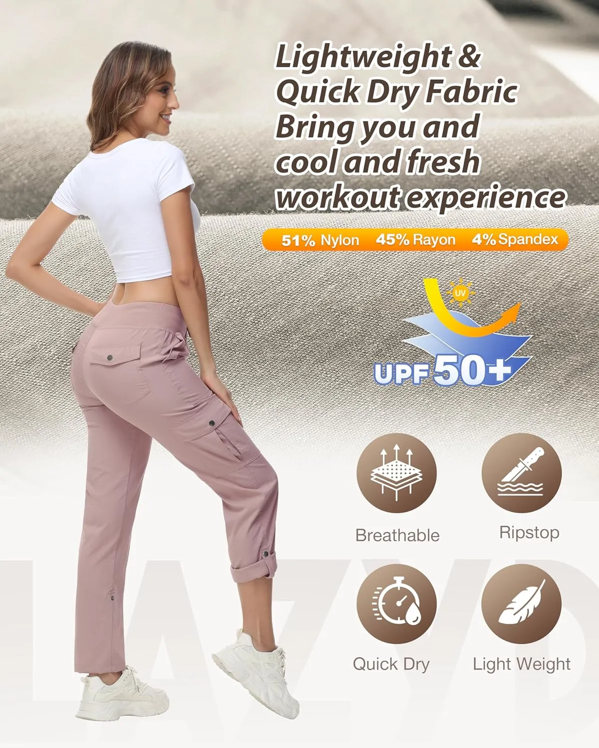 Women's Cargo Hiking Pants Quick Dry Lightweight Elastic Waist Button Pockets Joggers Athletic Sweatpants Travel Casual